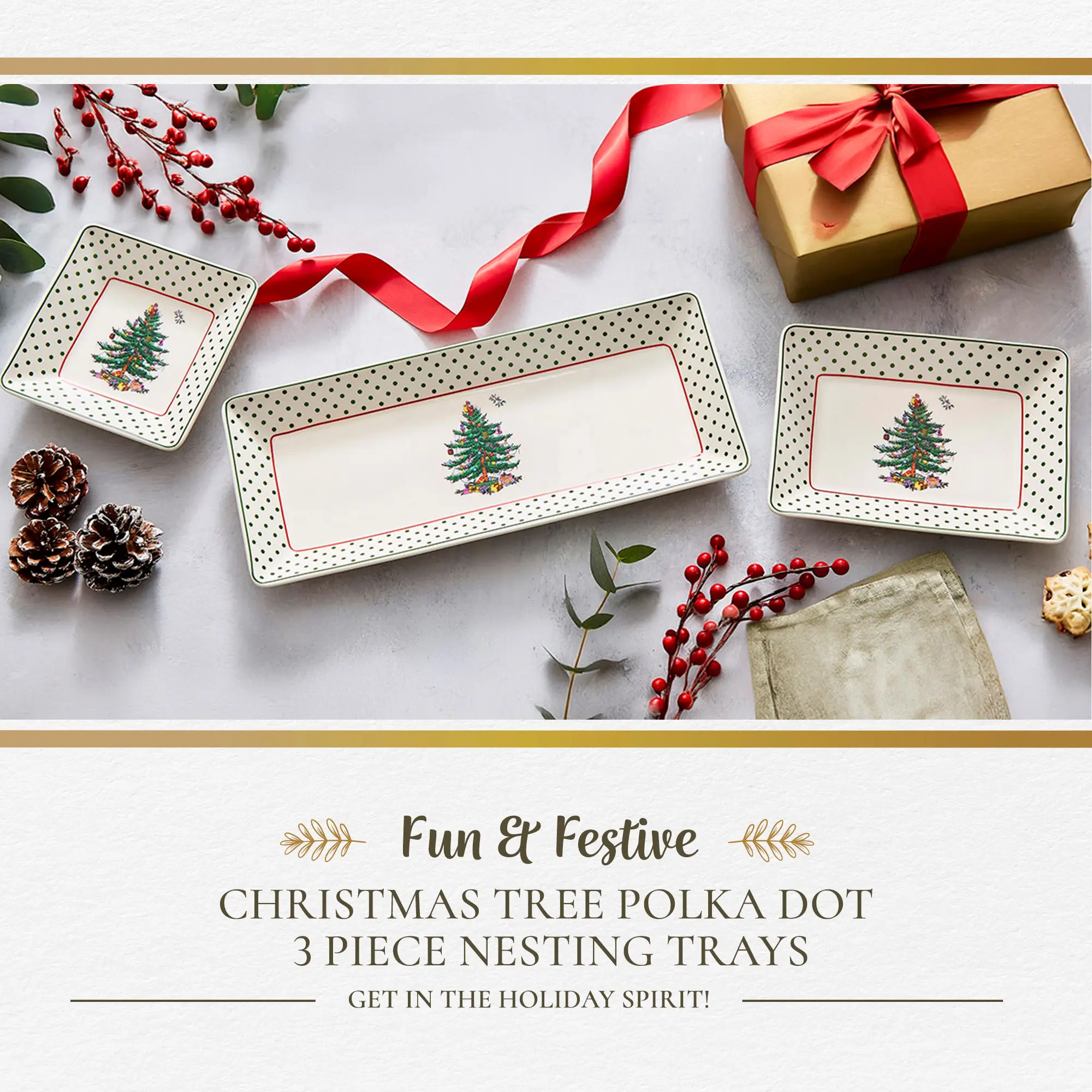 Fun & Festive CHRISTMAS TREE POLKA DOT 3 PIECE NESTING TRAYS GET IN THE HOLIDAY SPIRIT!