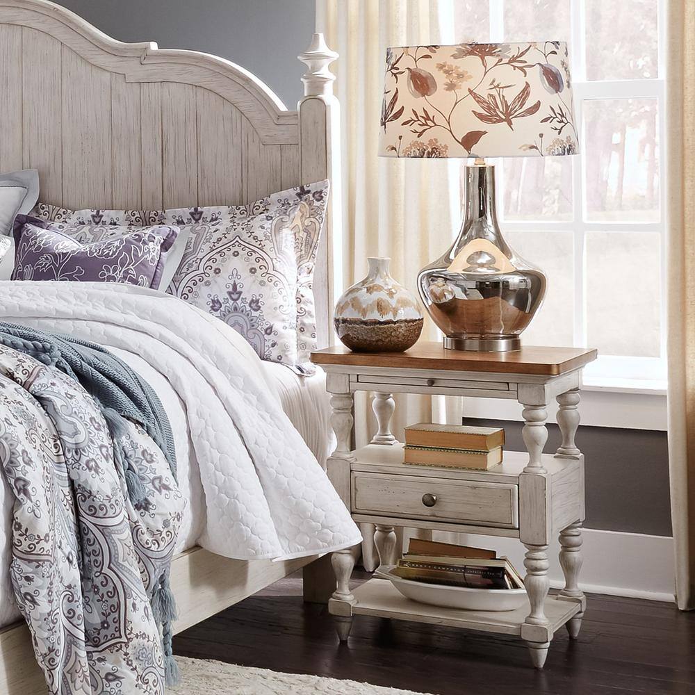 Back. Liberty Furniture Industries - Farmhouse Reimagined 1 Drawer Night Stand in Antique White w/ Chestnut Top - White.