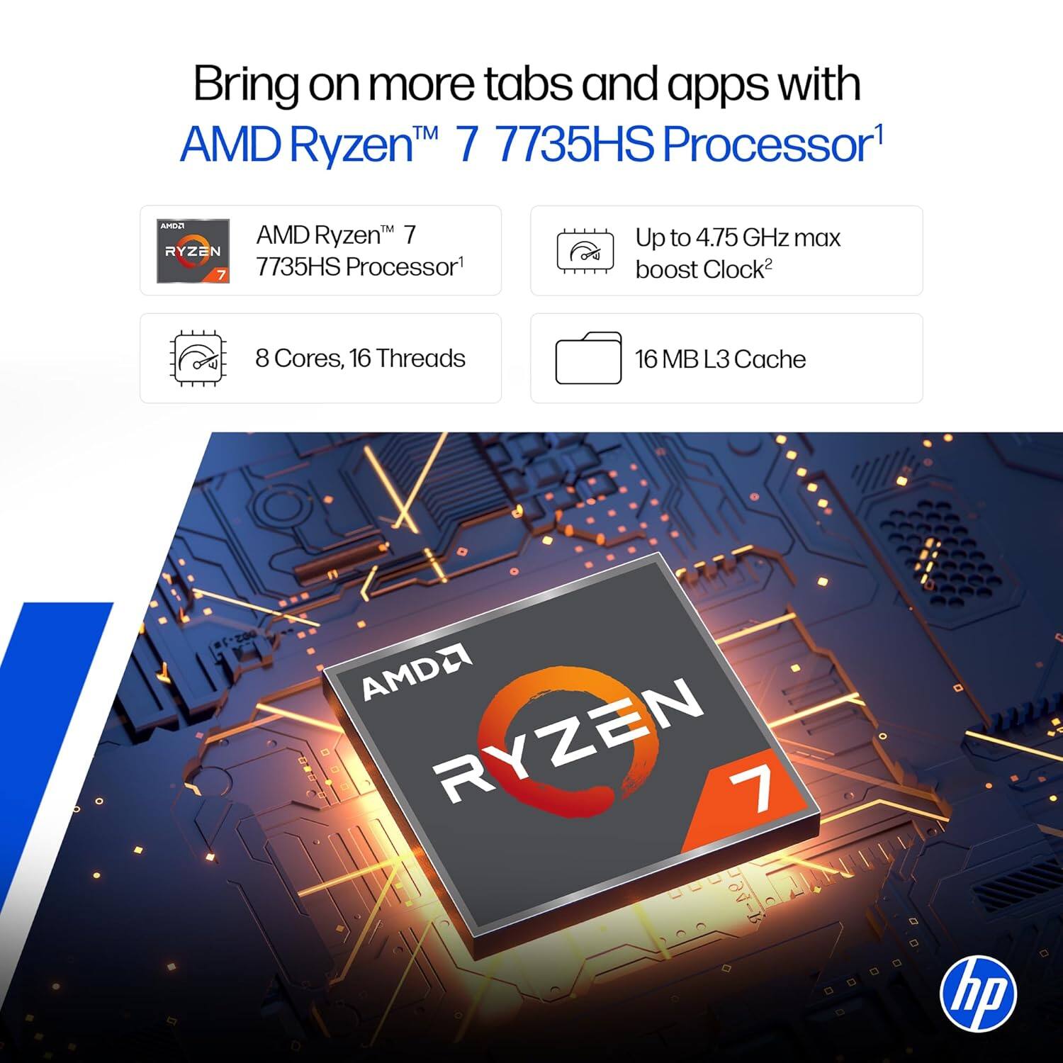 Bring on more tabs and apps with AMD Ryzen™ 7 7735HS Processor¹

- AMD Ryzen™ 7 7735HS Processor¹
- Up to 4.75 GHz max boost Clock²
- 8 Cores, 16 Threads
- 16 MB L3 Cache

¹ASUS AMD Ryzen 7 RYZEN 7 7735HS Processor
²AMD2 RYZEN 7 hp