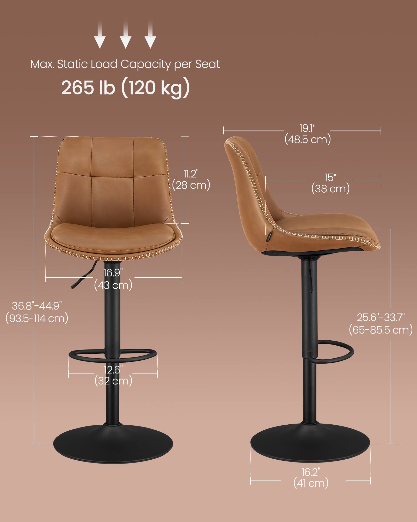 Max. Static Load Capacity per Seat: 265 lb (120 kg)

- Seat Height: 11.2" (28 cm)
- Seat Width: 19.1" (48.5 cm)
- Seat Depth: 15" (38 cm)
- Seat Height Range: 36.8"-44.9" (93.5-114 cm)
- Seat Base Diameter: 16.9" (43 cm)
- Seat Height Adjustment Range: 25.6"-33.7" (65-85.5 cm)
- Base Diameter: 16.2" (41 cm)
- Base Height: 12.6" (32 cm)