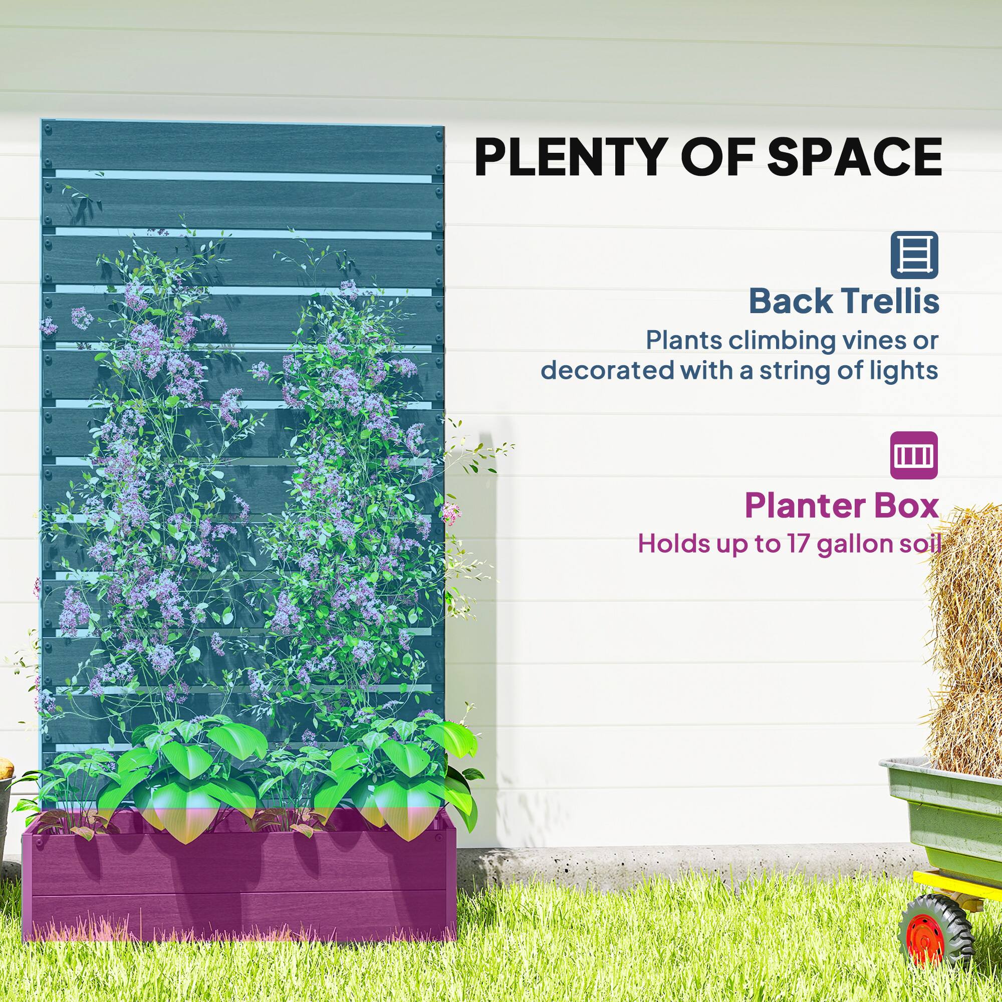PLANTER BOX  
Holds up to 17 gallon soil  

Back Trellis  
Plants climbing vines or decorated with a string of lights