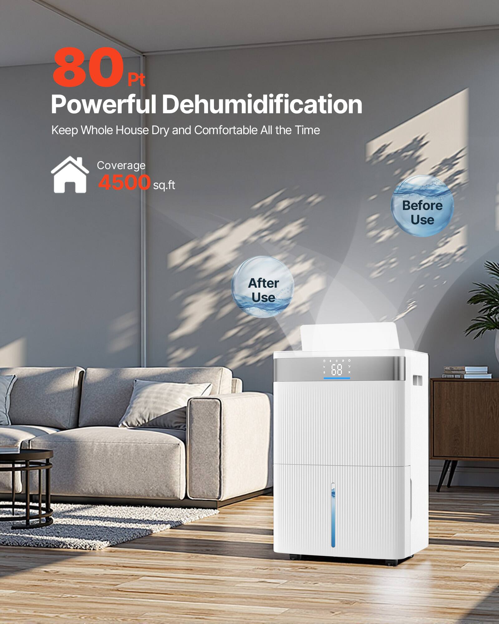 80 Pt Powerful Dehumidification  
Keep Whole House Dry and Comfortable All the Time  
Coverage 4500 sq.ft  
Before Use  
After Use