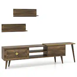 Pefilos - Mid-Century Modern TV Compatible with 85" TVs, Open Storage Compartments Flip Cabinets, Beech Wood Support Legs TV Stand - Brown