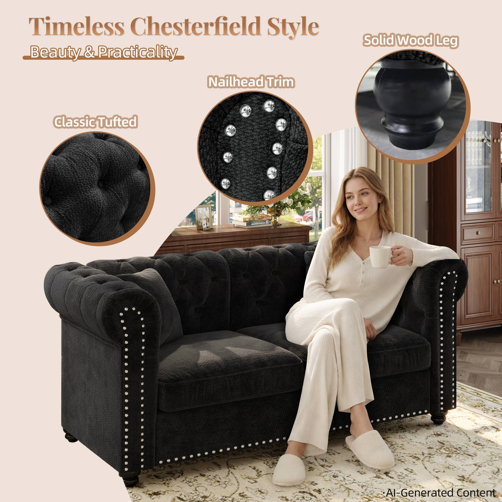 Timeless Chesterfield Style  
Beauty & Practicality

Solid Wood Leg

Nailhead Trim

Classic Tufted

AI-Generated Content