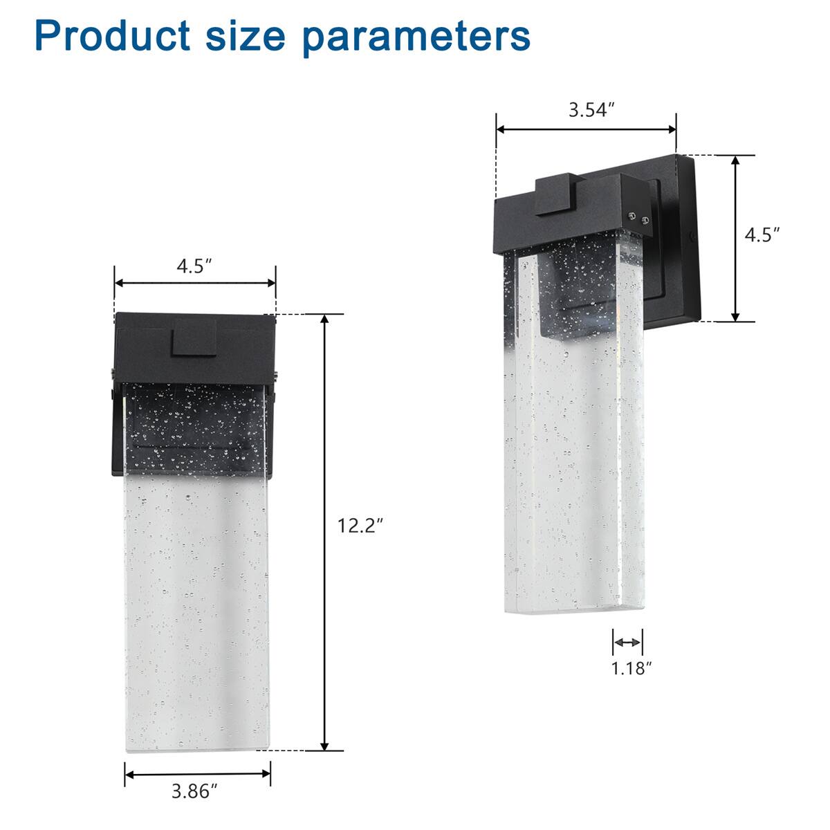 Product size parameters

- 3.54"
- 4.5"
- 4.5"
- 12.2"
- 1.18"
- 3.86"