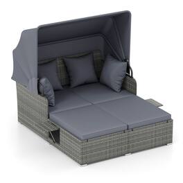 Costway - Patio Rattan Daybed Lounge Retractable Top Canopy Side Tables Cushions - Mix Gray + Gray
