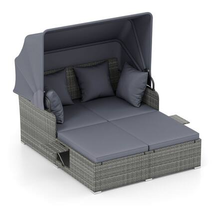 Front. Costway - Costway Patio Rattan Daybed Lounge Retractable Top Canopy Side Tables Cushions - Mix Gray + Gray.