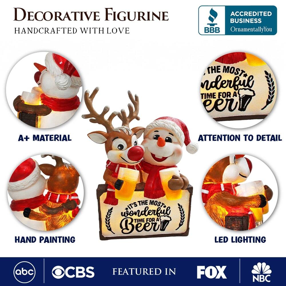 **Decorative Figurine**  
*Handcrafted with Love*

- **A+ Material**
- **Attention to Detail**
- **Hand Painting**
- **LED Lighting**

*Accredited Business*  
BBB  
OrnamentallyYou

*Featured in*  
ABC  
CBS  
FOX  
NBC

*The Most Wonderful Time for a Beer!*