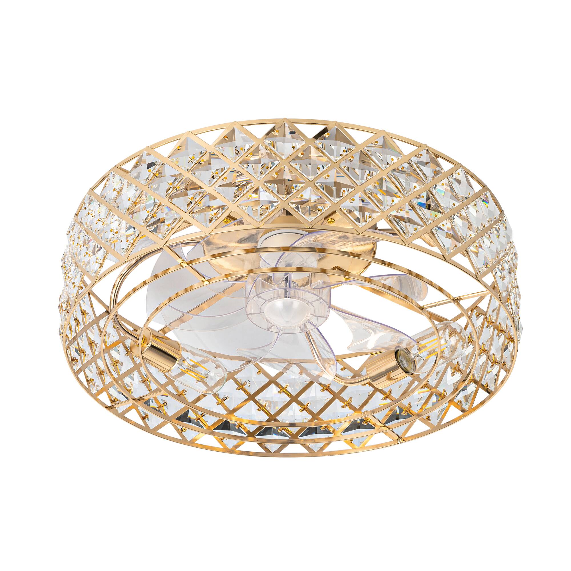 Angle. Breezary - 19-Inch Ceiling Fan with Crystal Cage Shade, 7 Transparent ABS Blades, DC Motor, 6-Speed Remote Control, Timer, E26 Base - Gold.