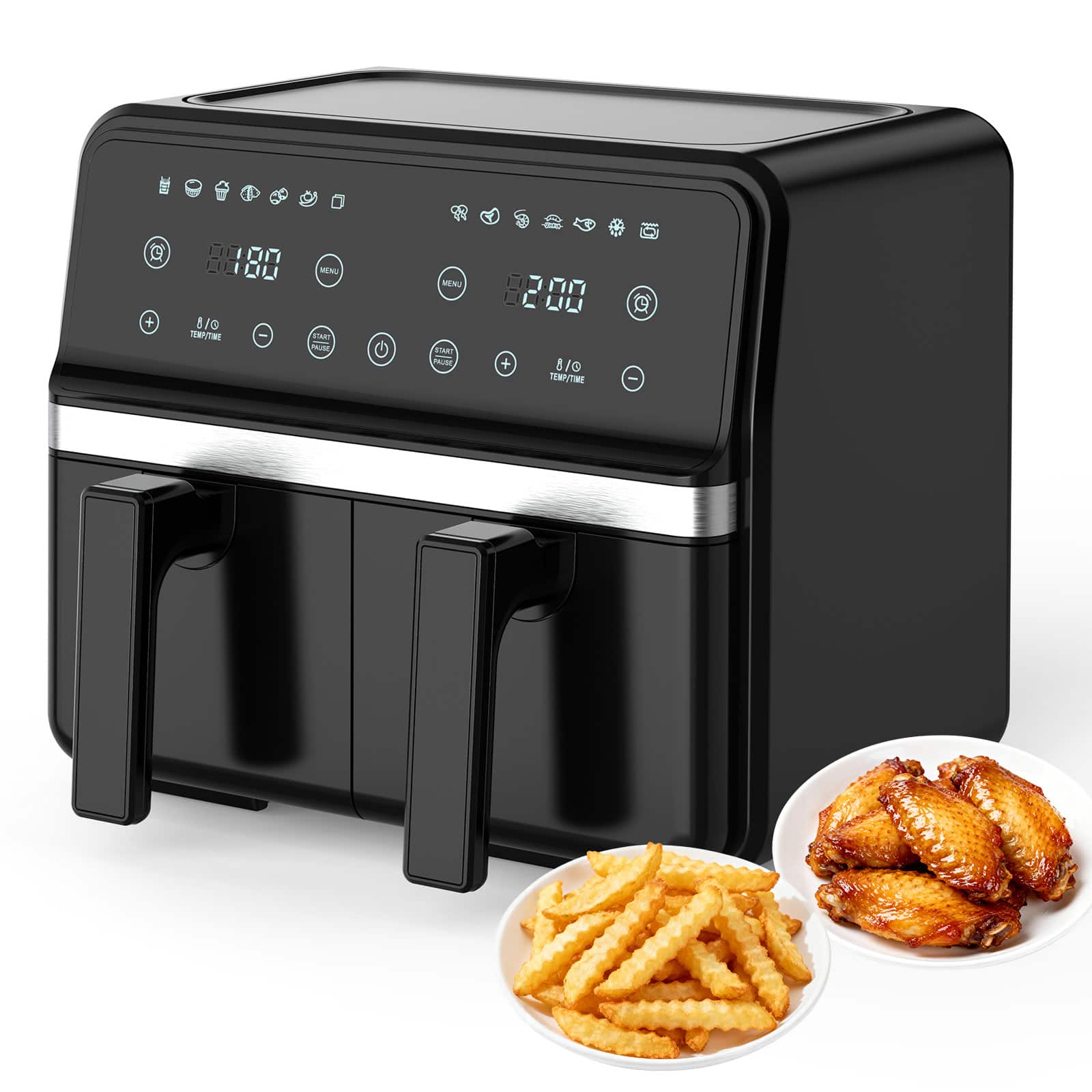 Teendow - Dual Basket Air Fryer, 9-Quart Large Capacity Air Fryer with Smart Touchscreen, 8 Preset Cooking Functions - Black