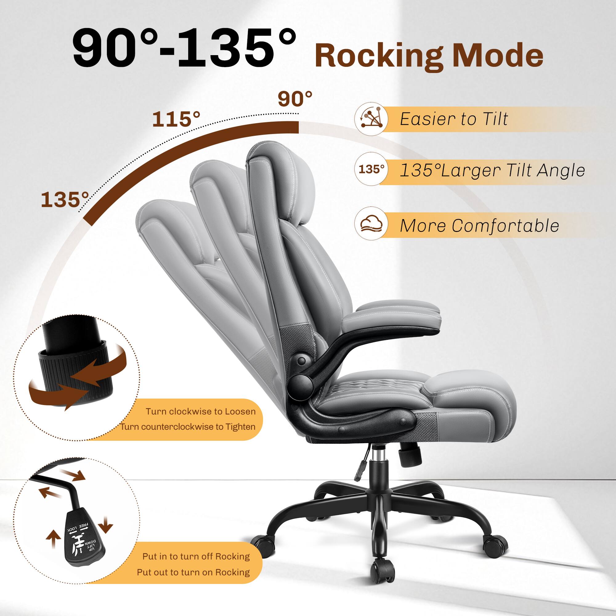 90°-135° Rocking Mode

- Easier to Tilt
- 135° Larger Tilt Angle
- More Comfortable

Turn clockwise to Loosen  
Turn counterclockwise to Tighten

Put in to turn off Rocking  
Put out to turn on Rocking