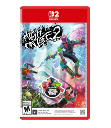 02 NINTENDO SWITCH. HIGH ON LIFE 2. INCLUDES BONUS WEAPON SKINS. RB. MATURE 17+. JEUNES ADULTES 14+. ESRB. GAME-KEY CARD. Full download via internet required. See back. Le jeu requiert le téléchargement via internet. Le jeu requiert un téléchargement de + trouvés de internet. TARJETA LLAVE DE JUEGO. support.nintendo.com/switch2/gamekeycard. - M (Mature 17+)