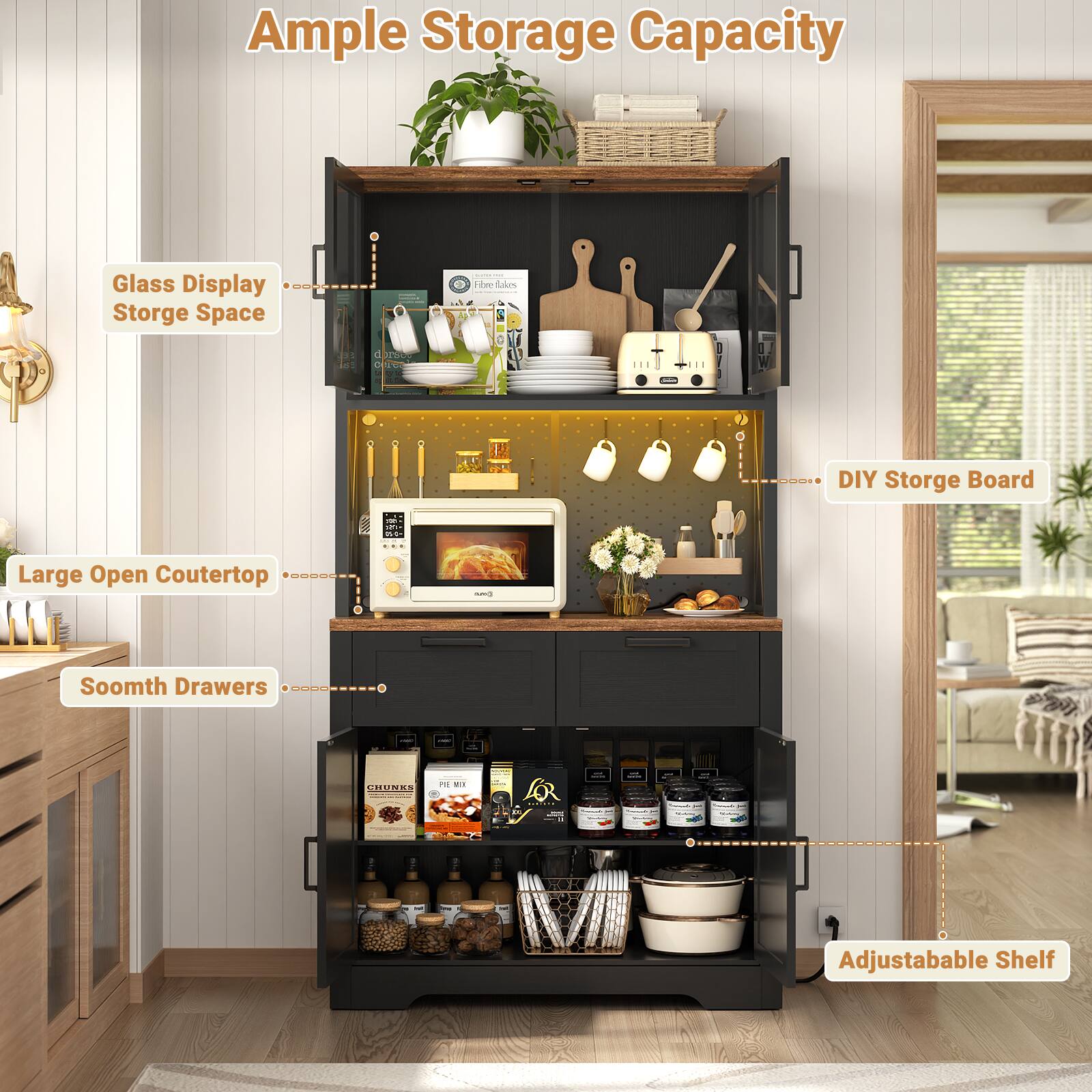 Ample Storage Capacity

- Glass Display Storage Space
- Large Open Countertop
- Smooth Drawers
- DIY Storage Board
- Adjustable Shelf