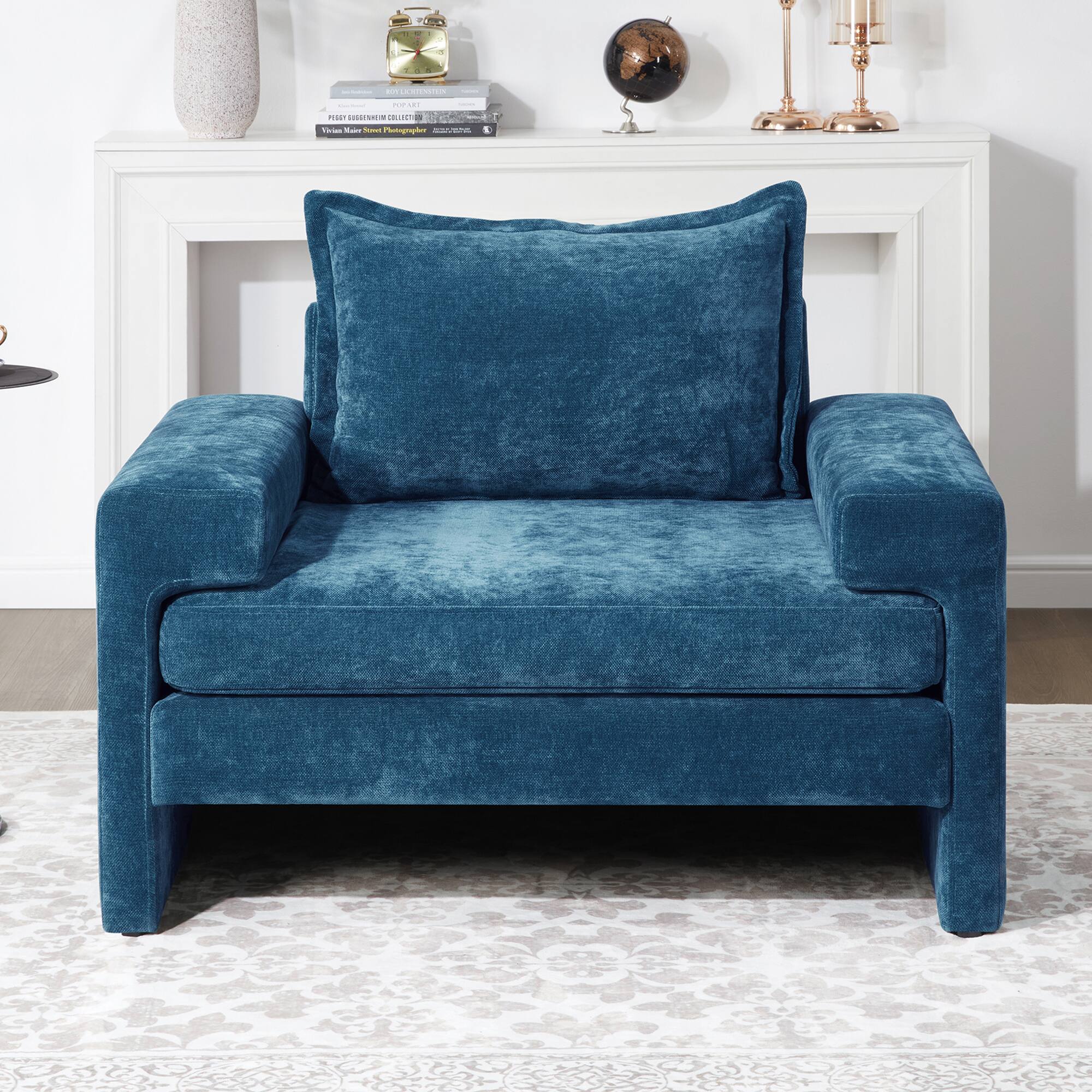 Back. TinyHomie - Blue Chenille Upholstered Accent Armchair Wide Armrests Ergonomic Back - Blue.