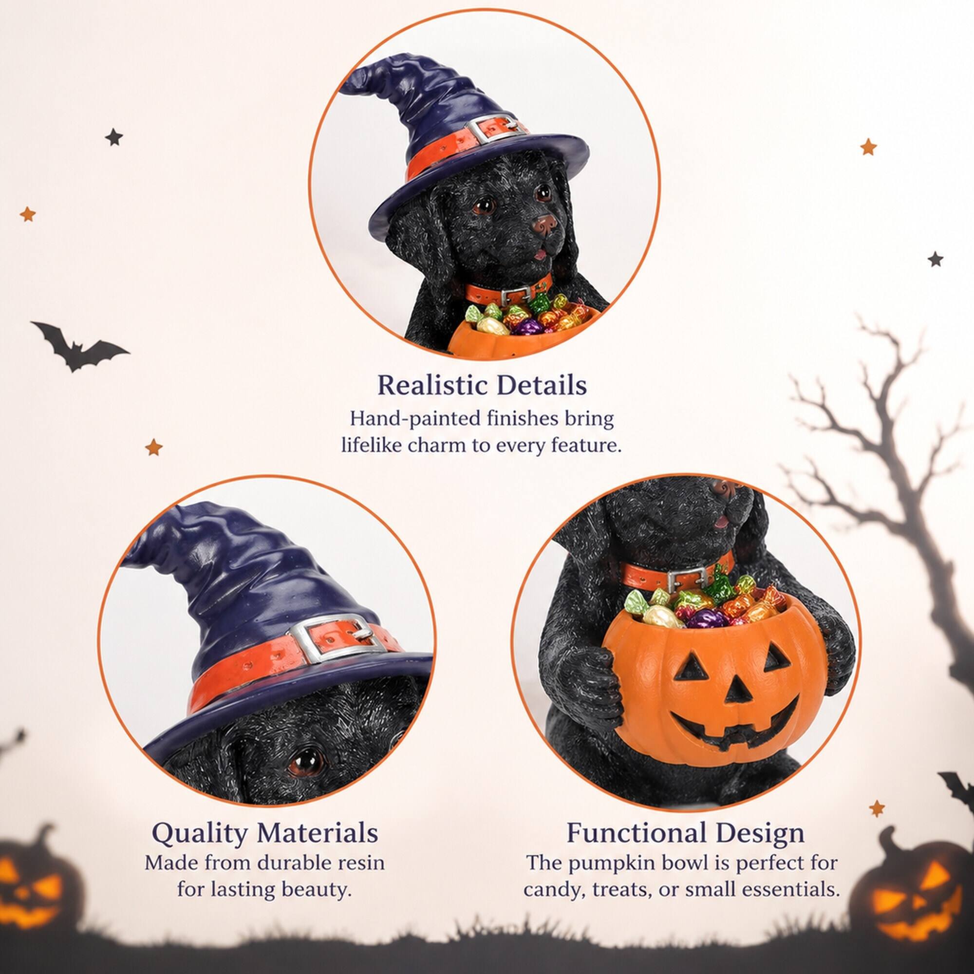 Realistic Details  
Hand-painted finishes bring lifelike charm to every feature.

Quality Materials  
Made from durable resin for lasting beauty.

Functional Design  
The pumpkin bowl is perfect for candy, treats, or small essentials.