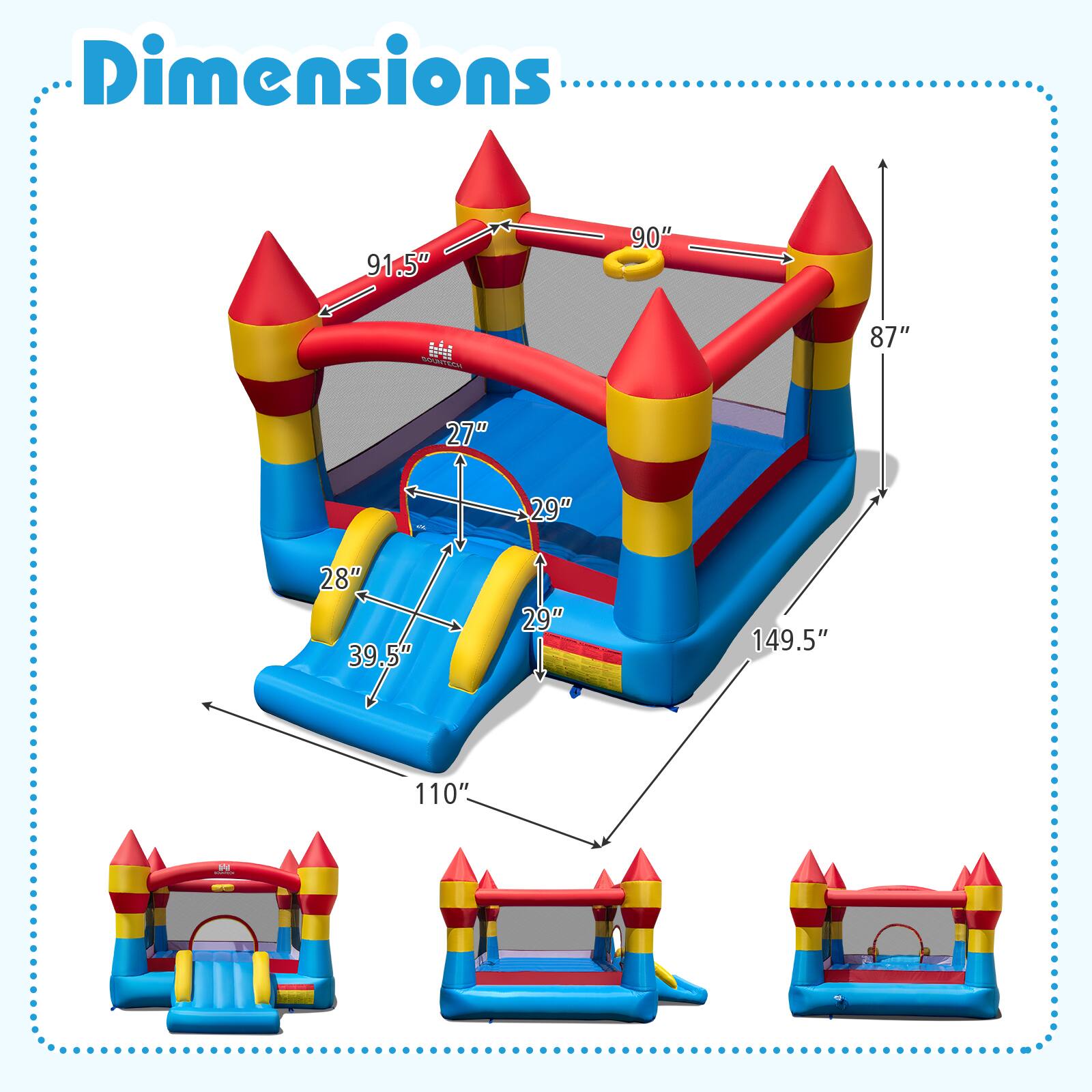 Dimensions: 91.5" x 90" x 87" x 27" x 29" x 28" x 39.5" x 29" x 149.5" x 110"