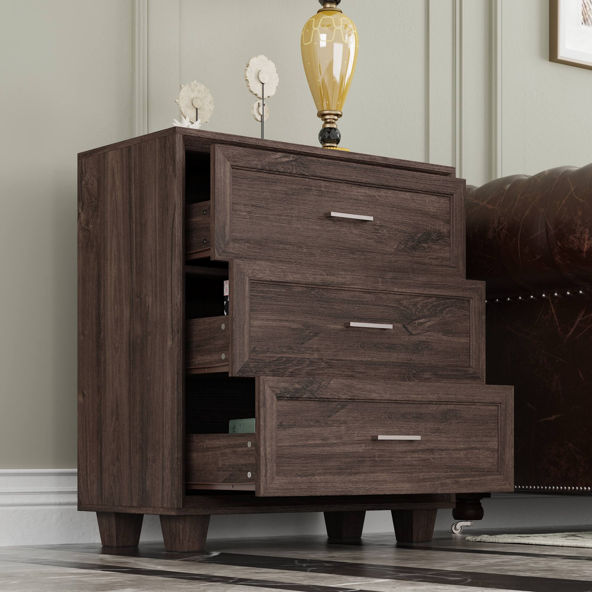 Alt View 10. Famapy - Famapy 3 - Drawer Nightstand: Dark Wood Style for Organized Living - Brown.