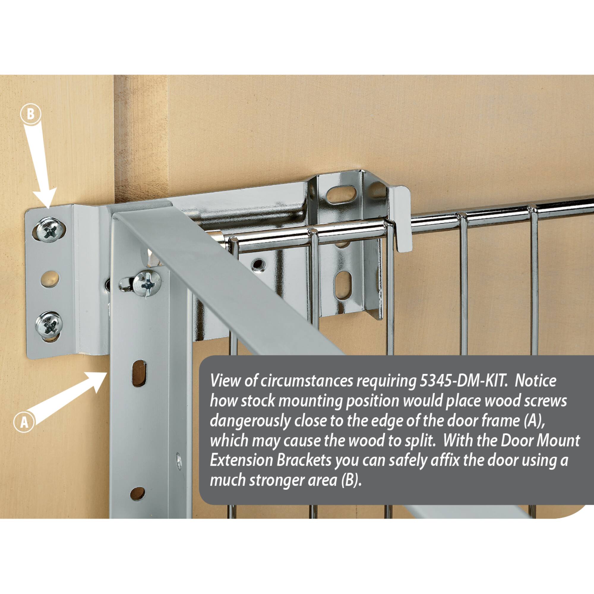 A View of circumstances requiring 5345-DM-KIT. Notice how stock mounting position would place wood screws dangerously close to the edge of the door frame (A), which may cause the wood to split. With the Door Mount Extension Brackets you can safely affix the door using a much stronger area (B).