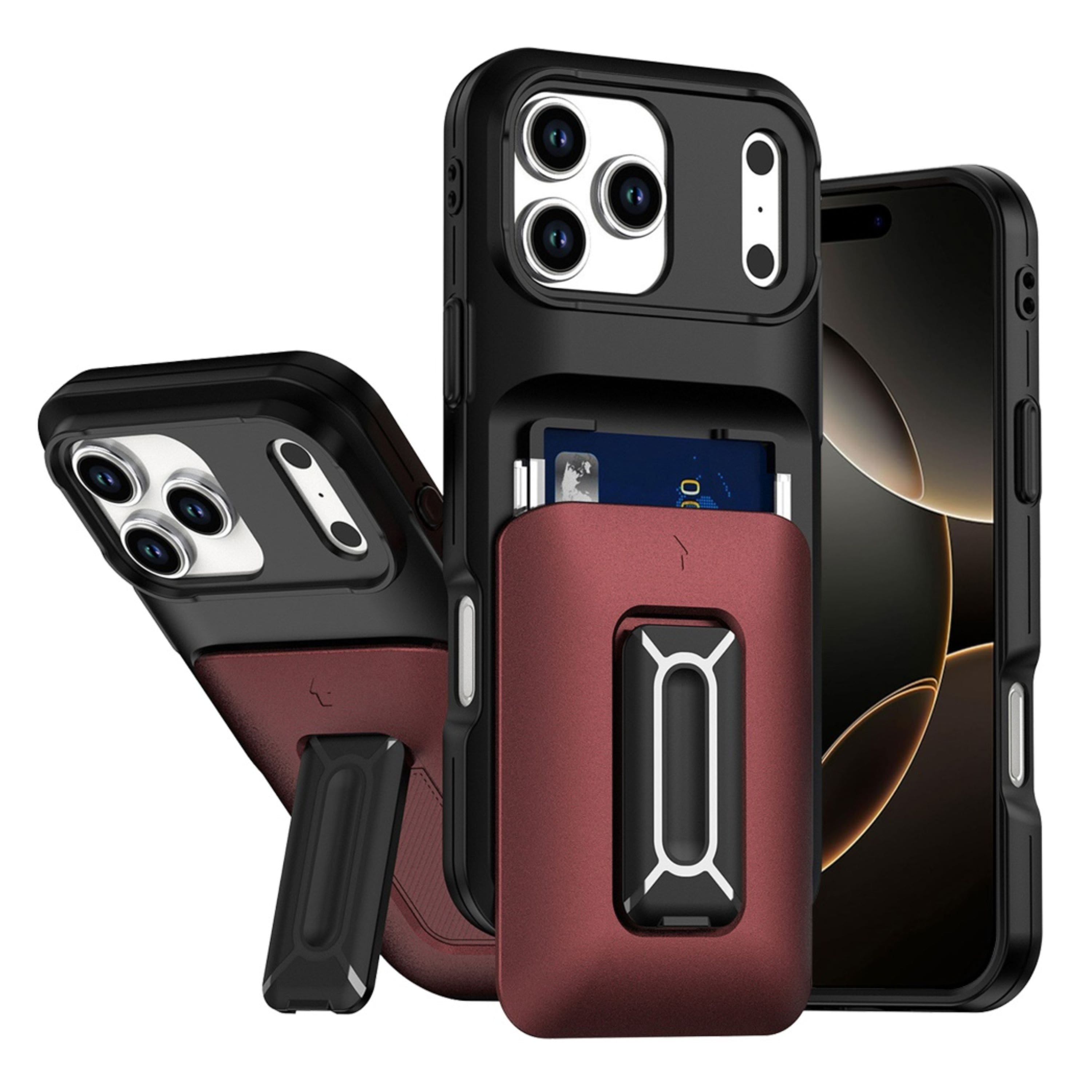 Kitcheniva - Matte Finish Phone Case With Card Holder Kickstand Strap Tempered Glass For iPhone 17 Pro Max - Black Red price history on PriceWatchPro
