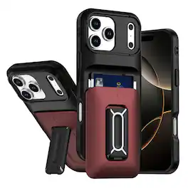 Kitcheniva - Matte Finish Phone Case With Card Holder Kickstand Strap Tempered Glass For iPhone 17 Pro Max - Black Red