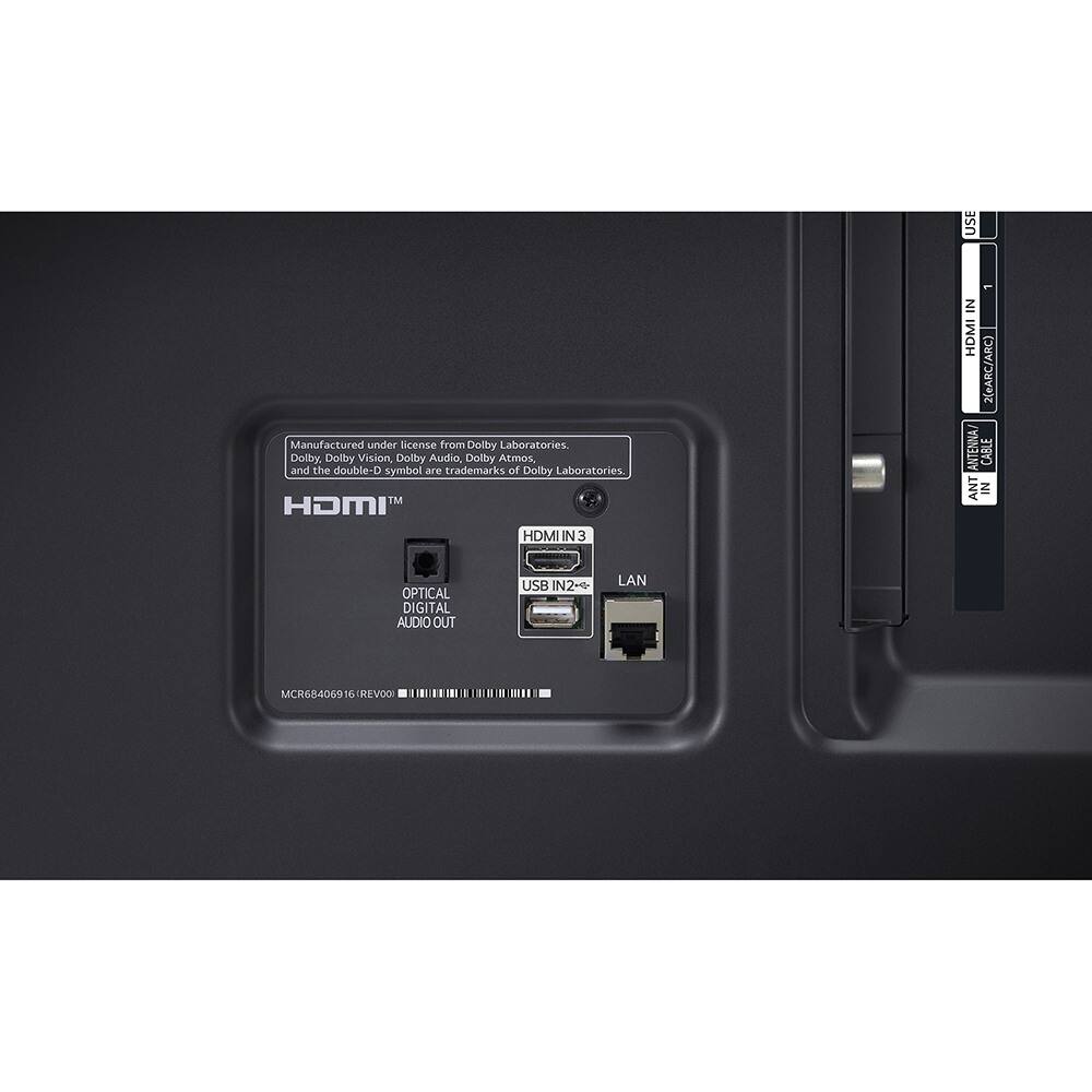 USE  
Manufactured under license from Dolby Laboratories. Dolby, Dolby Vision, Dolby Audio, Dolby Atmos, and the double-D symbol are trademarks of Dolby Laboratories.  

HDMI™  
OPTICAL DIGITAL AUDIO OUT  
HDMI IN 3  
HDMI IN 2 (eARC/ARC)  
USB IN 2  
LAN  

ANTENNA CABLE IN  

MCR68406916 REV:V001