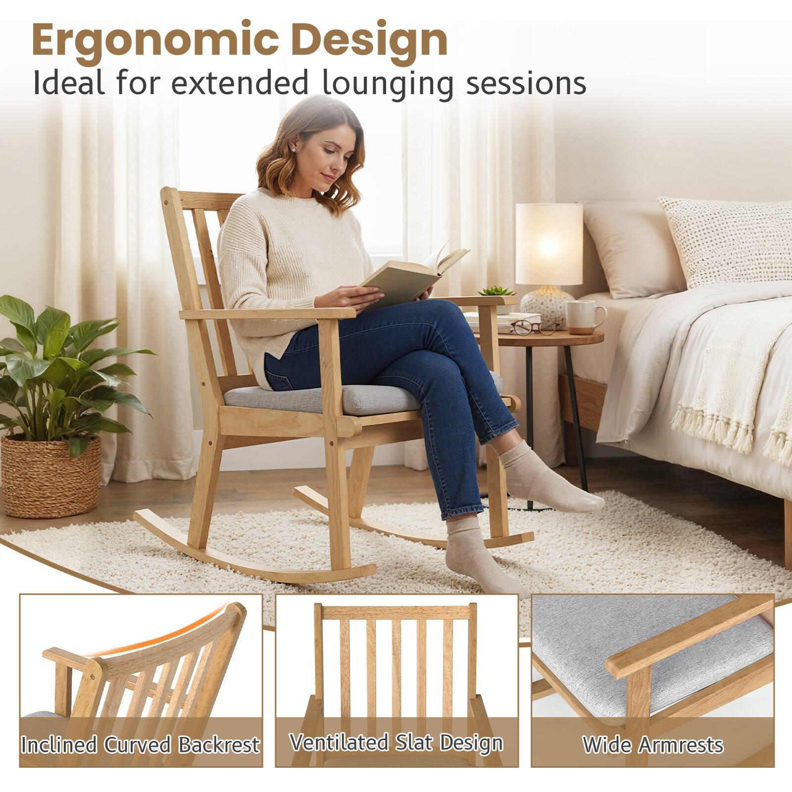 Ergonomic Design  
Ideal for extended lounging sessions  

- Inclined Curved Backrest  
- Ventilated Slat Design  
- Wide Armrests