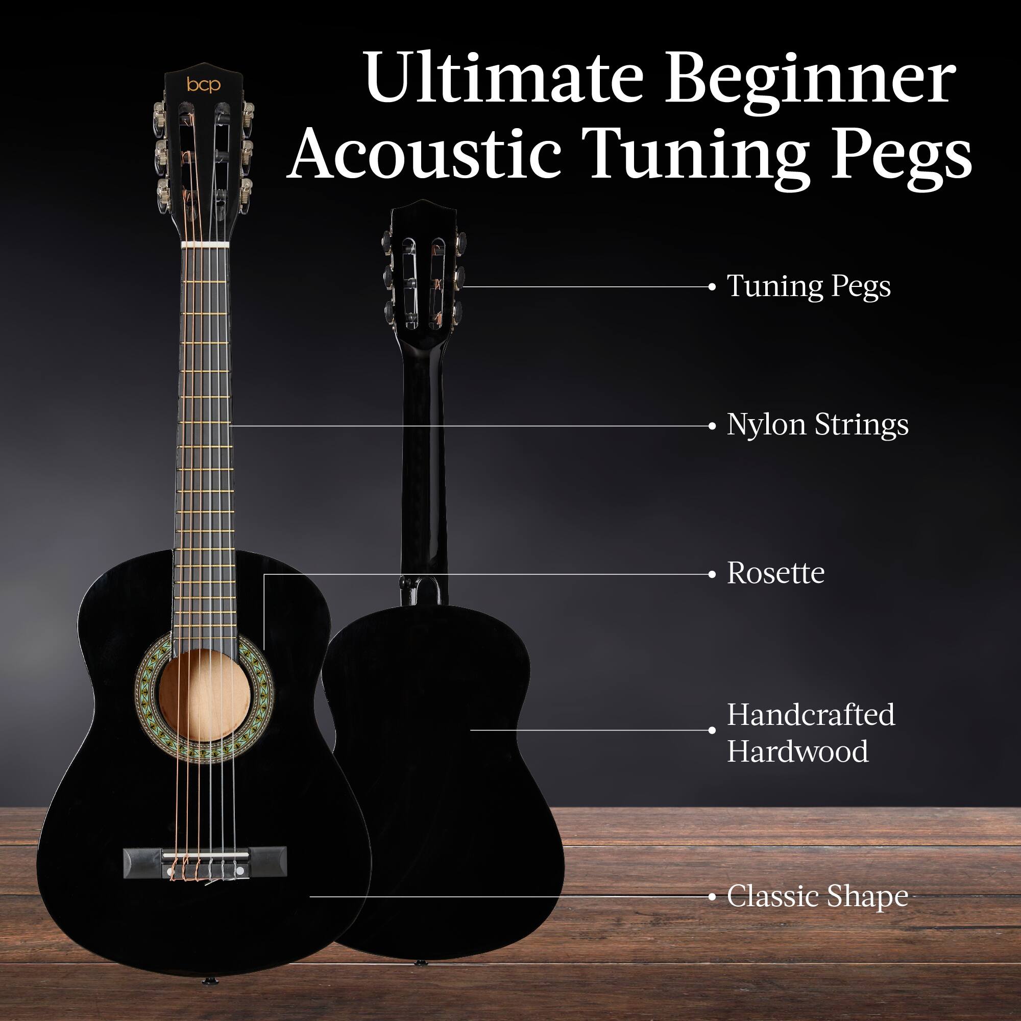 Ultimate Beginner Acoustic Tuning Pegs

- Tuning Pegs
- Nylon Strings
- Rosette
- Handcrafted Hardwood
- Classic Shape
