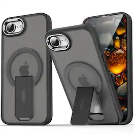 Dteck - Shockproof Matte Phone Case for Apple iPhone 17e, Magnetic Protective Cover with Stand, Side Anti Slip Texture - Black