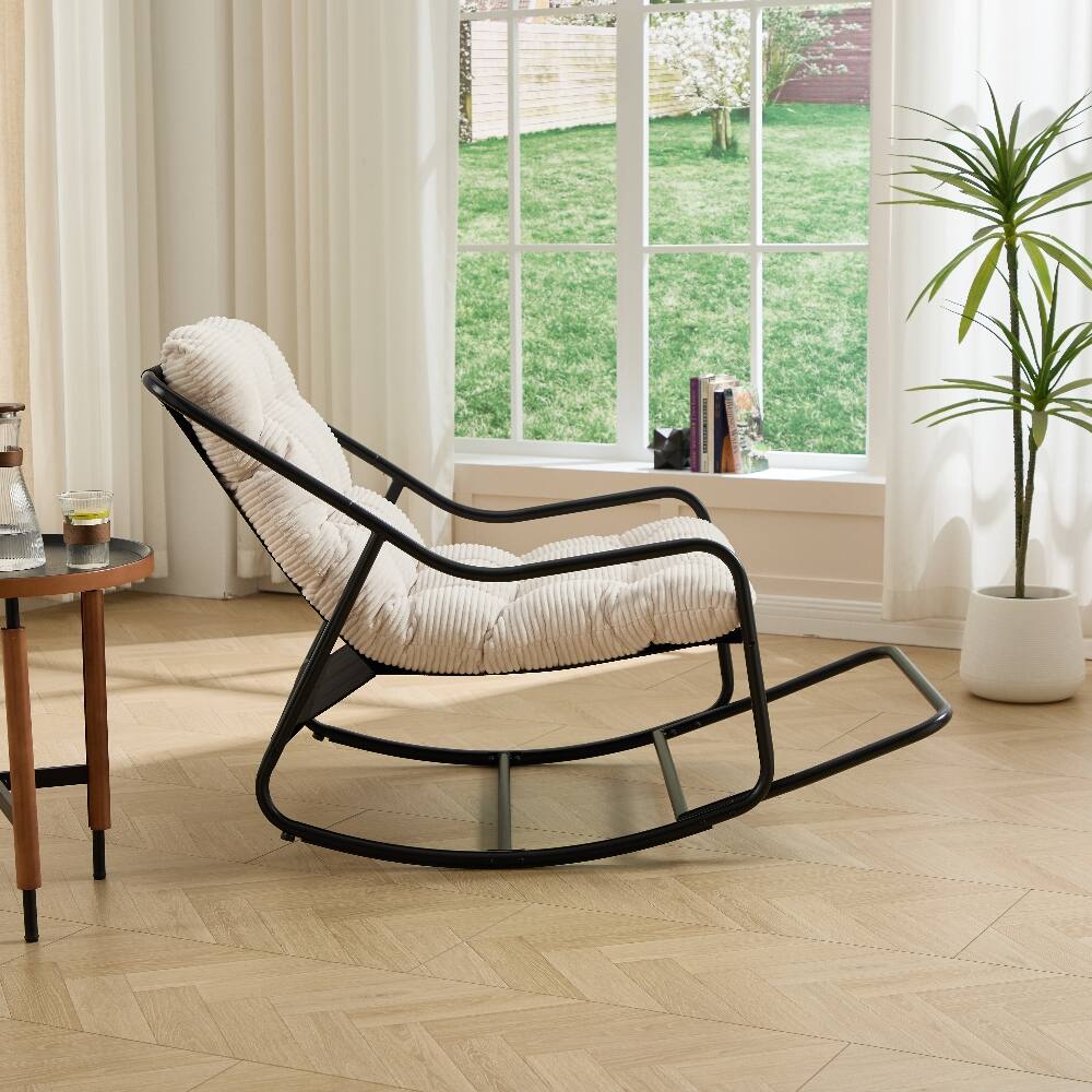 Back. Loheer - Loheer Outdoor Rocking Chair with Thick Cushion Black Steel Frame Modern Patio Rocker for Living Room Bedroom - Black and White.