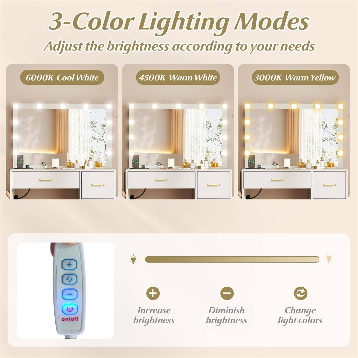 3-Color Lighting Modes  
Adjust the brightness according to your needs  

6000K Cool White  
4500K Warm White  
3000K Warm Yellow  

+ Increase brightness  
- Diminish brightness  
Change light colors  
on/off