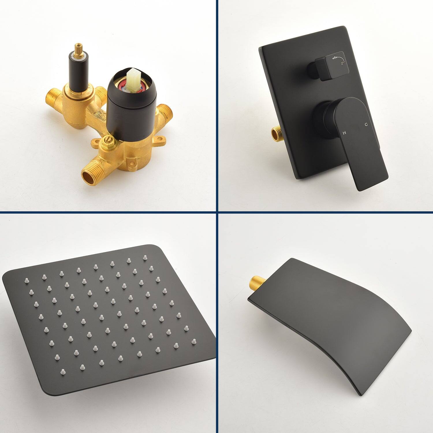 Angle. Boyel Living - Single Handle 1 Spray Tub and Shower Faucet with 8 Inch Square Fixed Shower in Matte Black Valve Included - Matte Black.