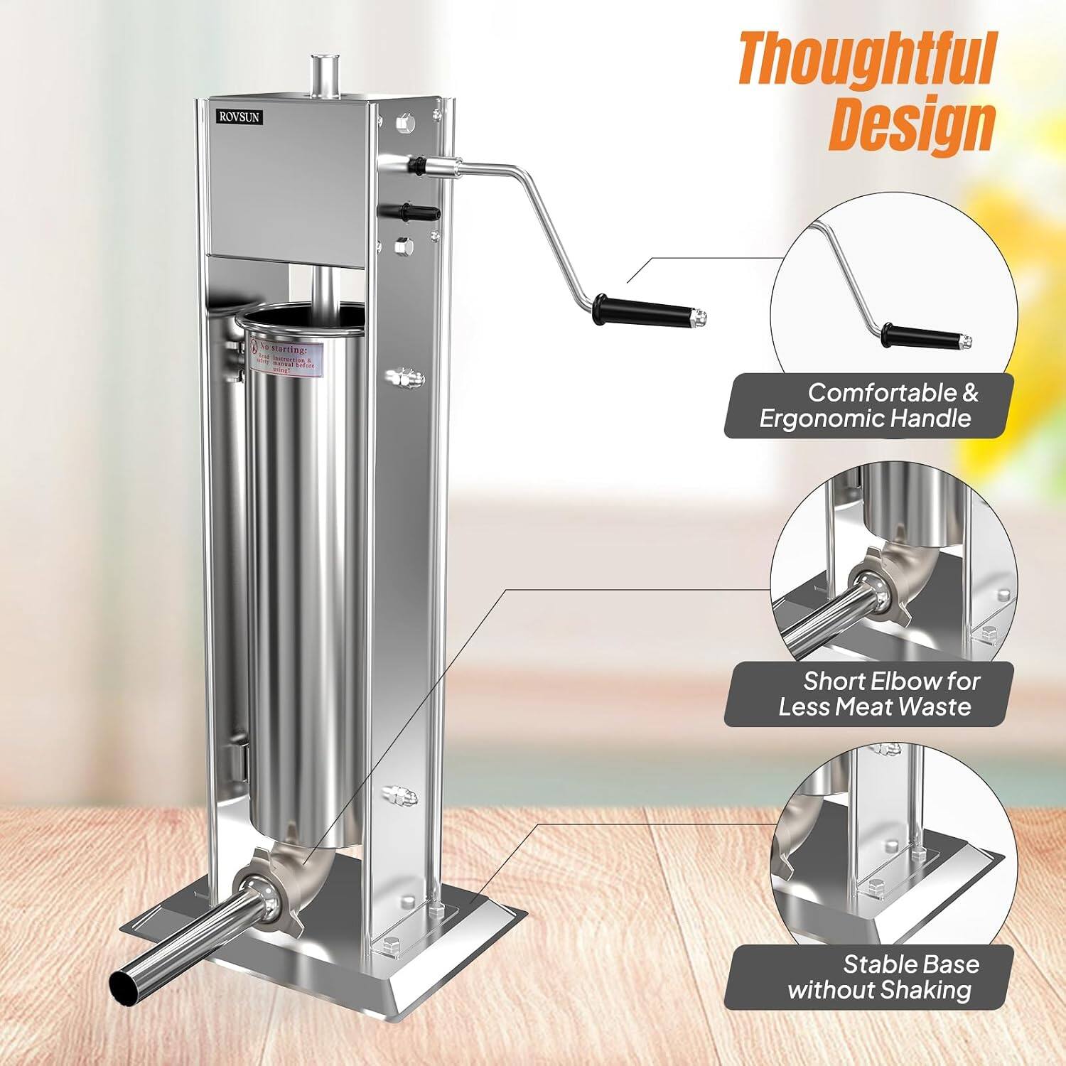 ROWSUN  
Thoughtful Design  
Comfortable & Ergonomic Handle  
Short Elbow for Less Meat Waste  
Stable Base without Shaking