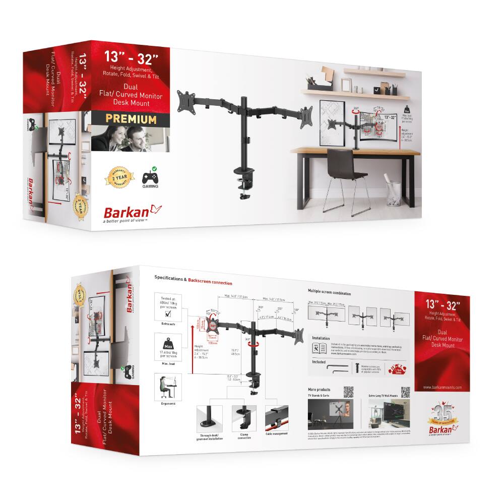Flak/ Desk Curved Dual Monitor Mount 13" - 32" | Matao 32" Height Adjustment, Rotate, Fold Swivel & Tilt Dual Flat/ Curved Monitor Desk Mount PREMIUM 12-20 - 2 YEAR WARRANTY Barkan VEAP VO Specifications & Backscreen Connection 13" - 32" Height Adjustment, Rotate, Fold Swivel & Tilt Dual Flat/ Curved Monitor Desk Mount 13" - 32" | Matao 32" Height Adjustment, Rotate, Fold Swivel & Tilt Dual Flat/ Curved Monitor Desk Mount www.barkanmounts.com