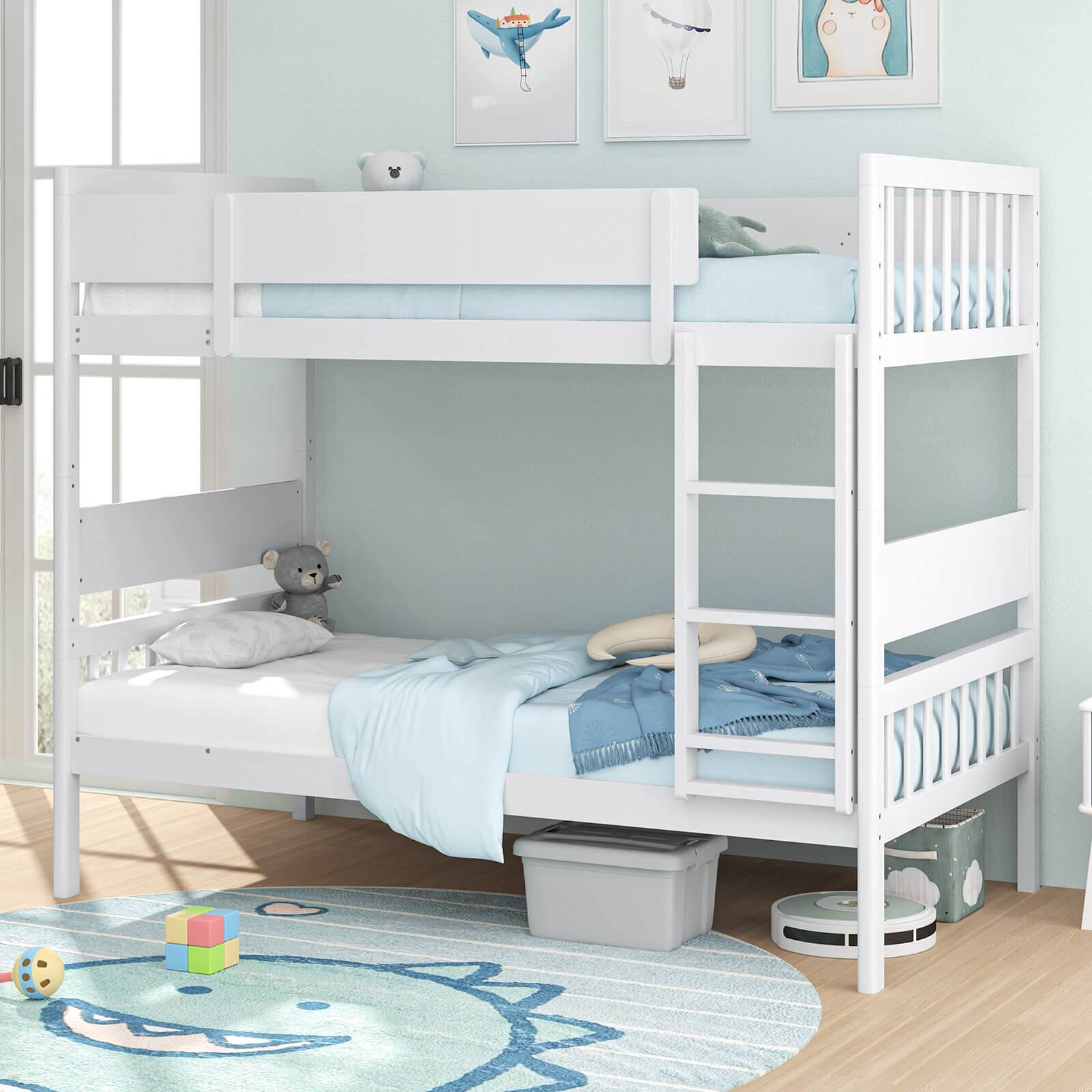 Left. Costway - Twin Over Twin Bunk Bed Solid Wood Bed Frame with Ladder Full-length Guardrails - White.