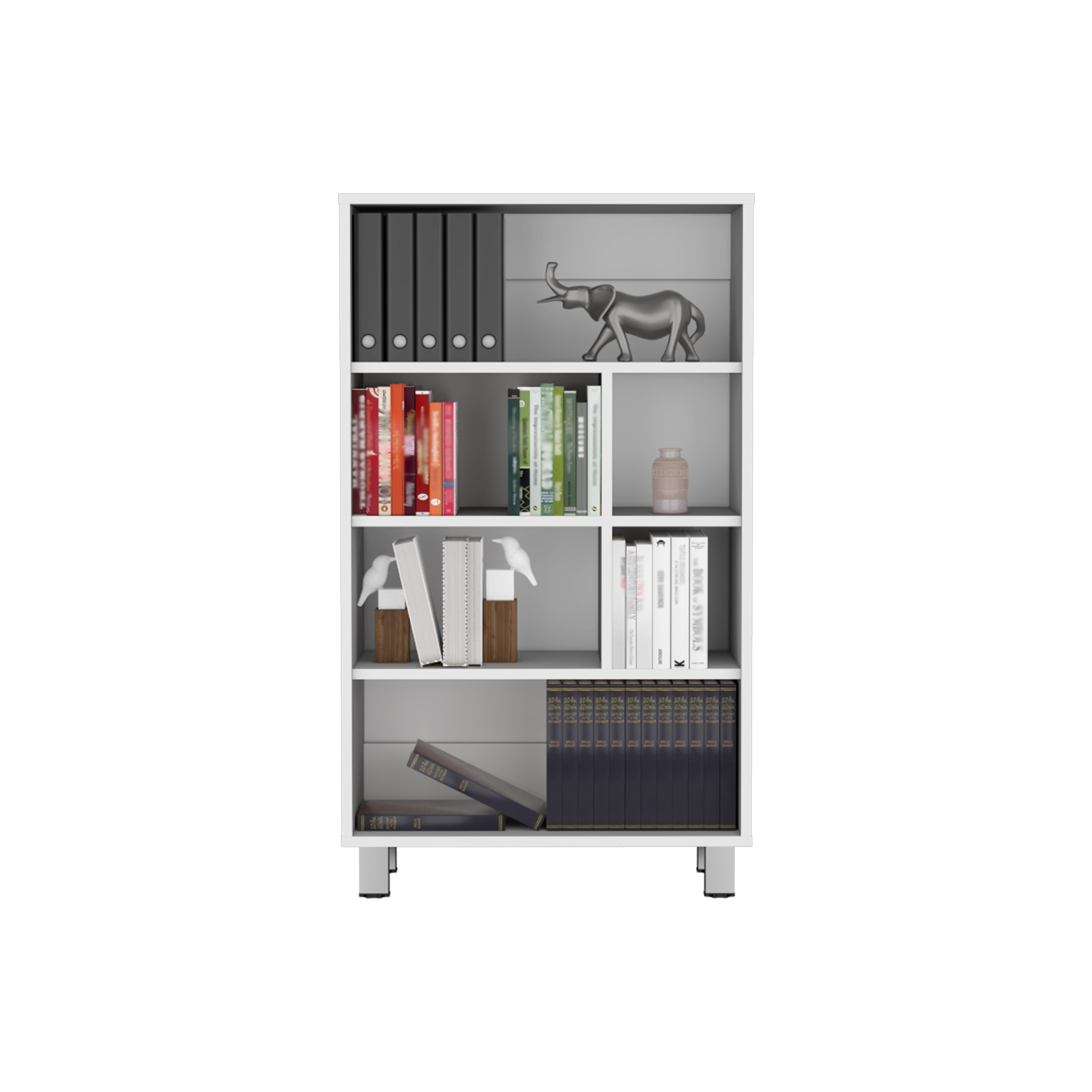 Back. Depot Eshop - Akiak Bookcase, 6 shelves, 4 legs - White.