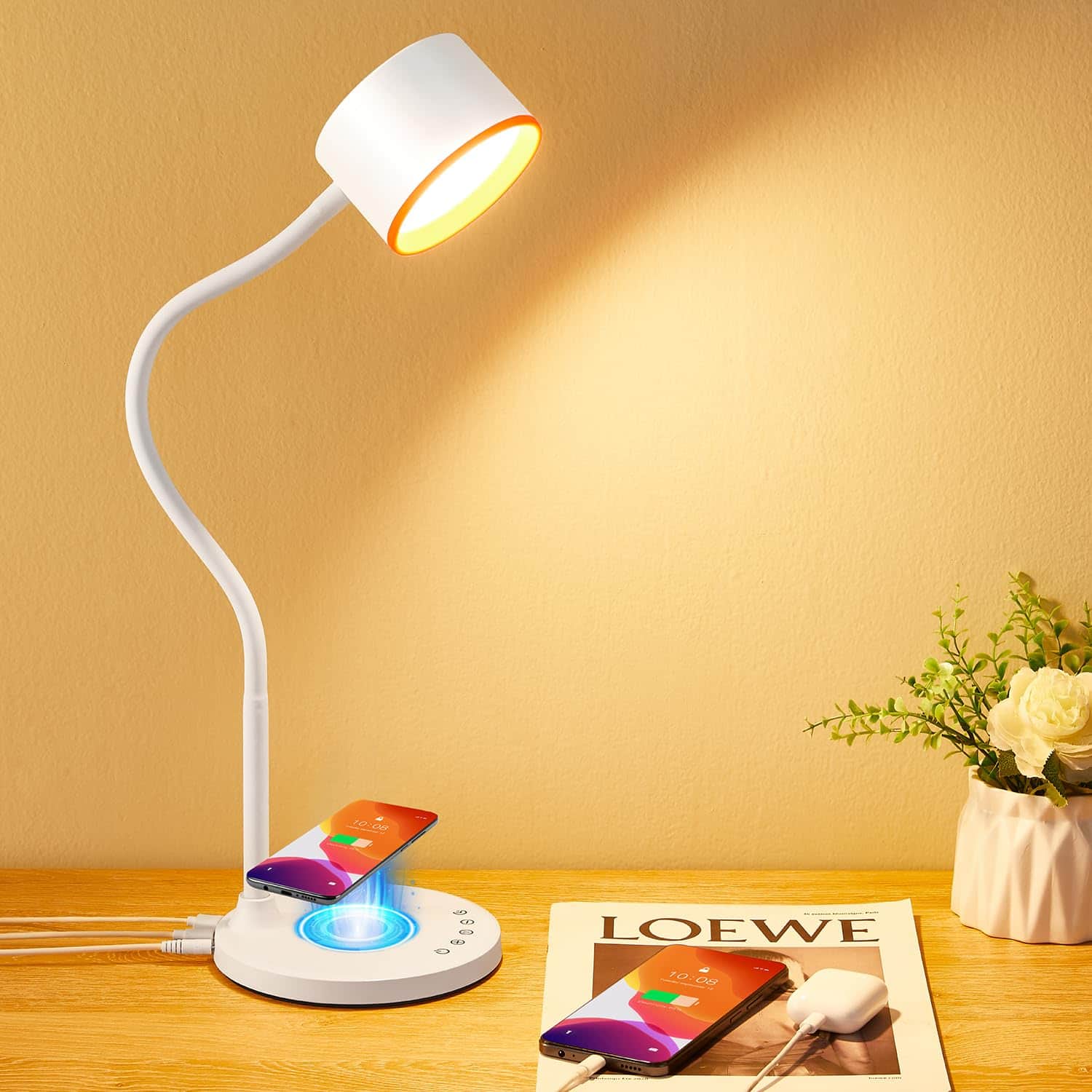 Comfort Essence - Desk Lamp For Office Home Gooseneck With Wireless Touch Table Usb C+a Charging Ports 5 Colors Dimmable - White