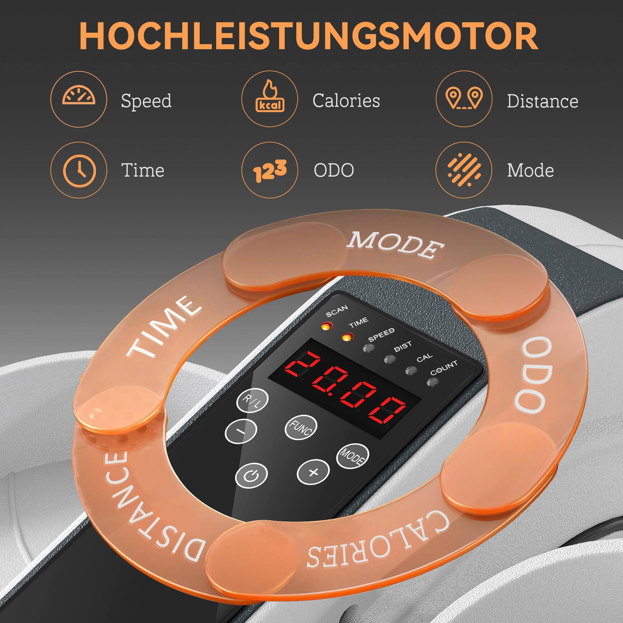 Speed, kcal, Calories, Distance, Time, 123, ODO, Mode, MODE, SCAN, TIME, TIME, SPEED, DIST, CAL, COUNT, OCO, R/L, FUNC, MODE, +, DISTANCE, CALORIES