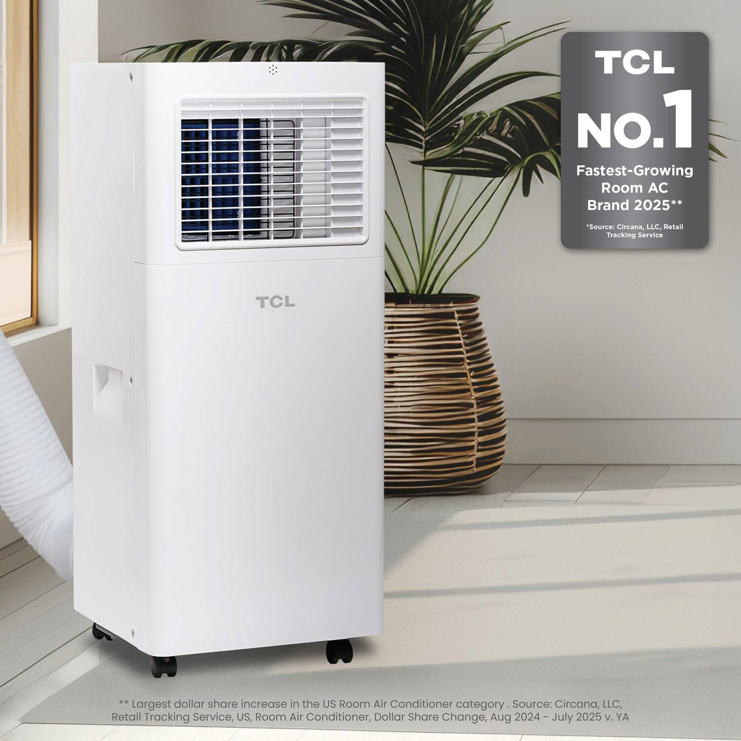 TCL No.1 Fastest-Growing Room AC Brand 2025**  
"Source: Circana, LLC. Retail Tracking Service"  

**Largest dollar share increase in the US Room Air Conditioner category. Source: Circana, LLC, Retail Tracking Service, US, Room Air Conditioner, Dollar Share Change, Aug 2024 - July 2025 v. YA