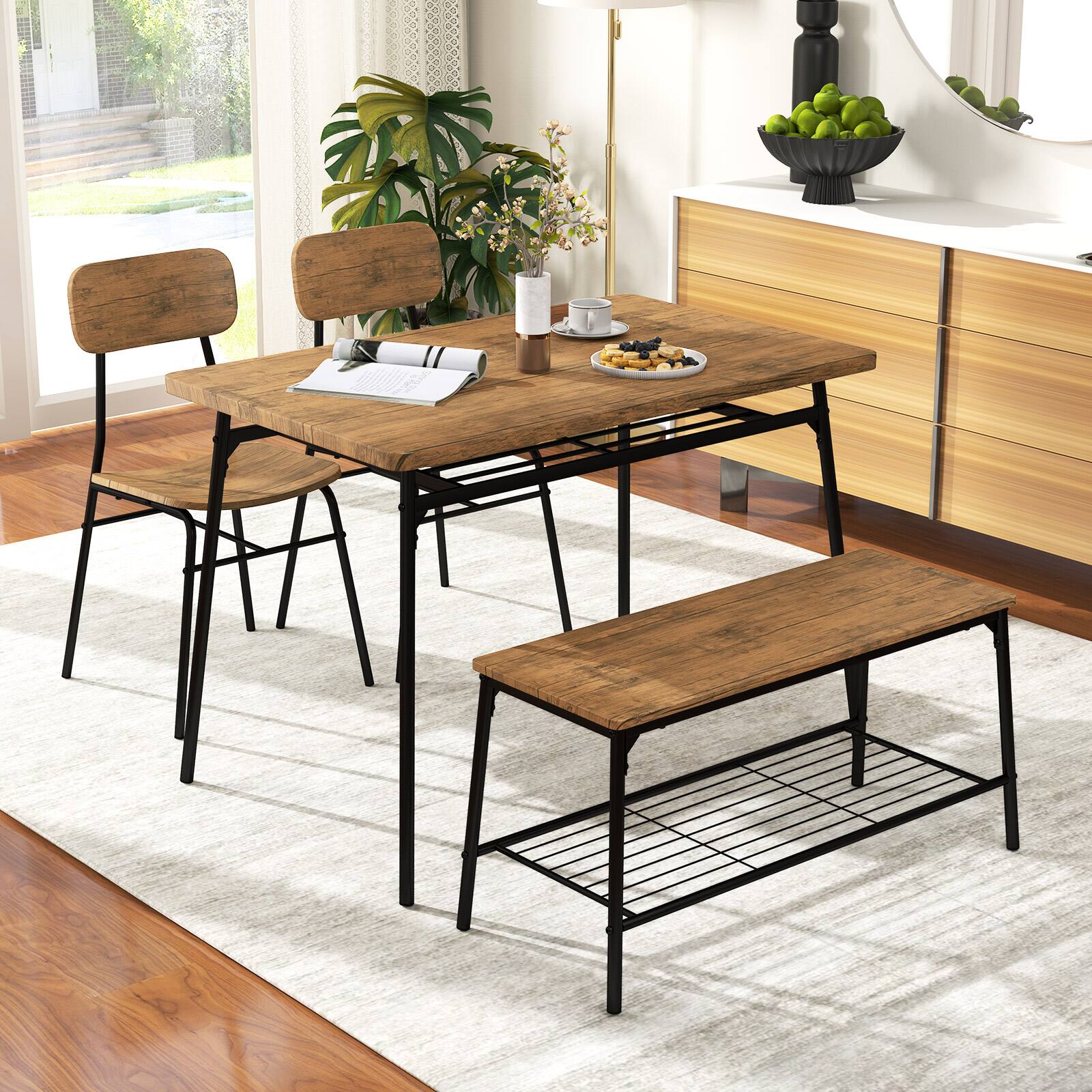 Alt View 3. Gymax - Gymax Dining Table Set for 4 Dining Room Kitchen Table w/ Bench 2 Chairs 4-Piece Set - Brown,Black.