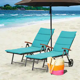 Gymax - 2PCS Folding Patio Rattan Lounge Chair Cushioned Aluminum Adjust Wheel - Turquoise