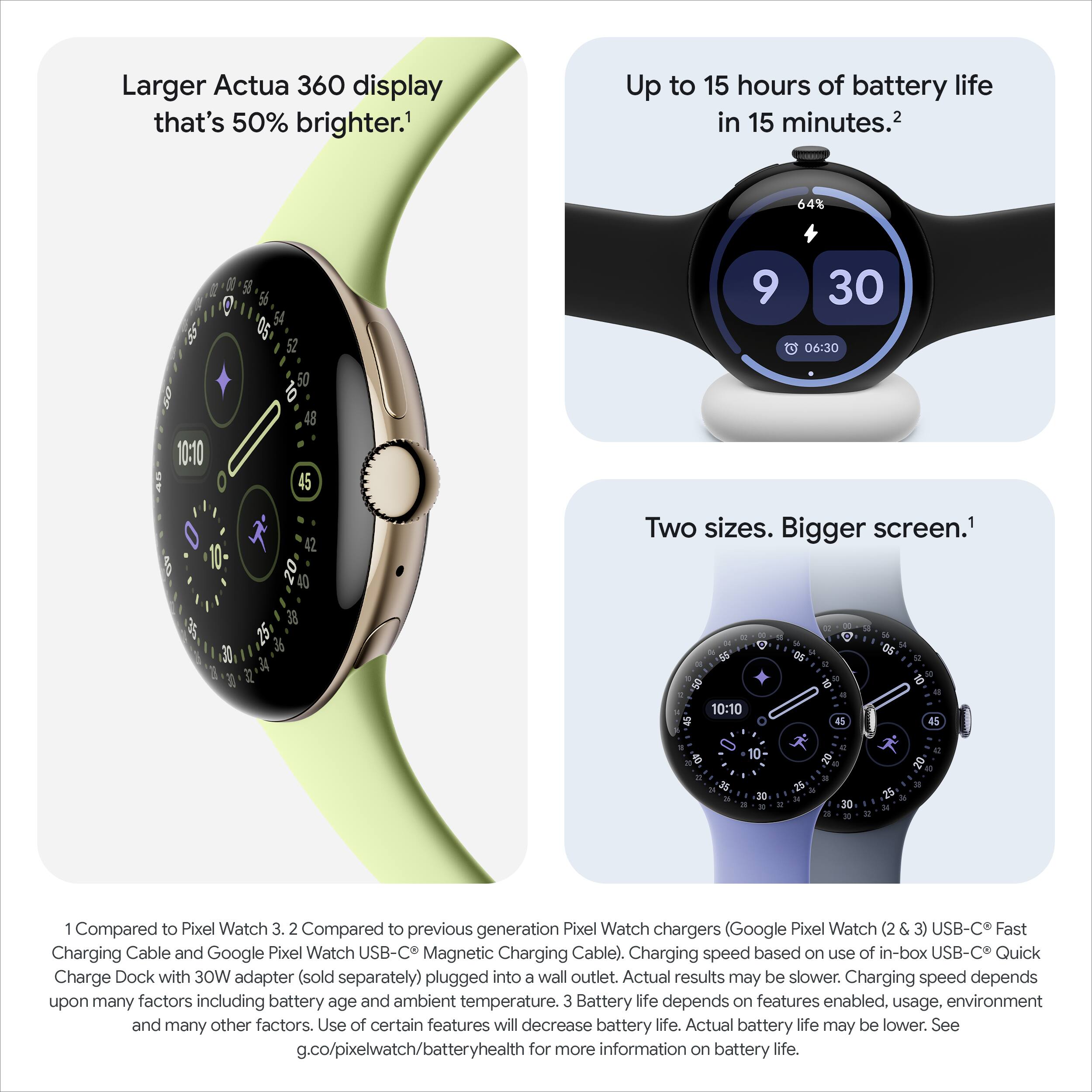 Larger Actua 360 display that's 50% brighter.¹

Up to 15 hours of battery life in 15 minutes.²

Two sizes. Bigger screen.¹

¹ Compared to Pixel Watch 3. ² Compared to previous generation Pixel Watch chargers (Google Pixel Watch USB-C Fast Charging Cable and Google Pixel Watch USB-C Magnetic Charging Cable). Charging speed based on use of in-box USB-C Quick Charge Dock with 30W adapter (sold separately) plugged into a wall outlet. Actual results may be slower. Charging speed depends upon many factors including battery age and ambient temperature. 3 Battery life depends on features enabled, usage, environment and many other factors. Use of certain features will decrease battery life. Actual battery life may be lower. See g.co/pixelwatch/batteryhealth for more information on battery life.