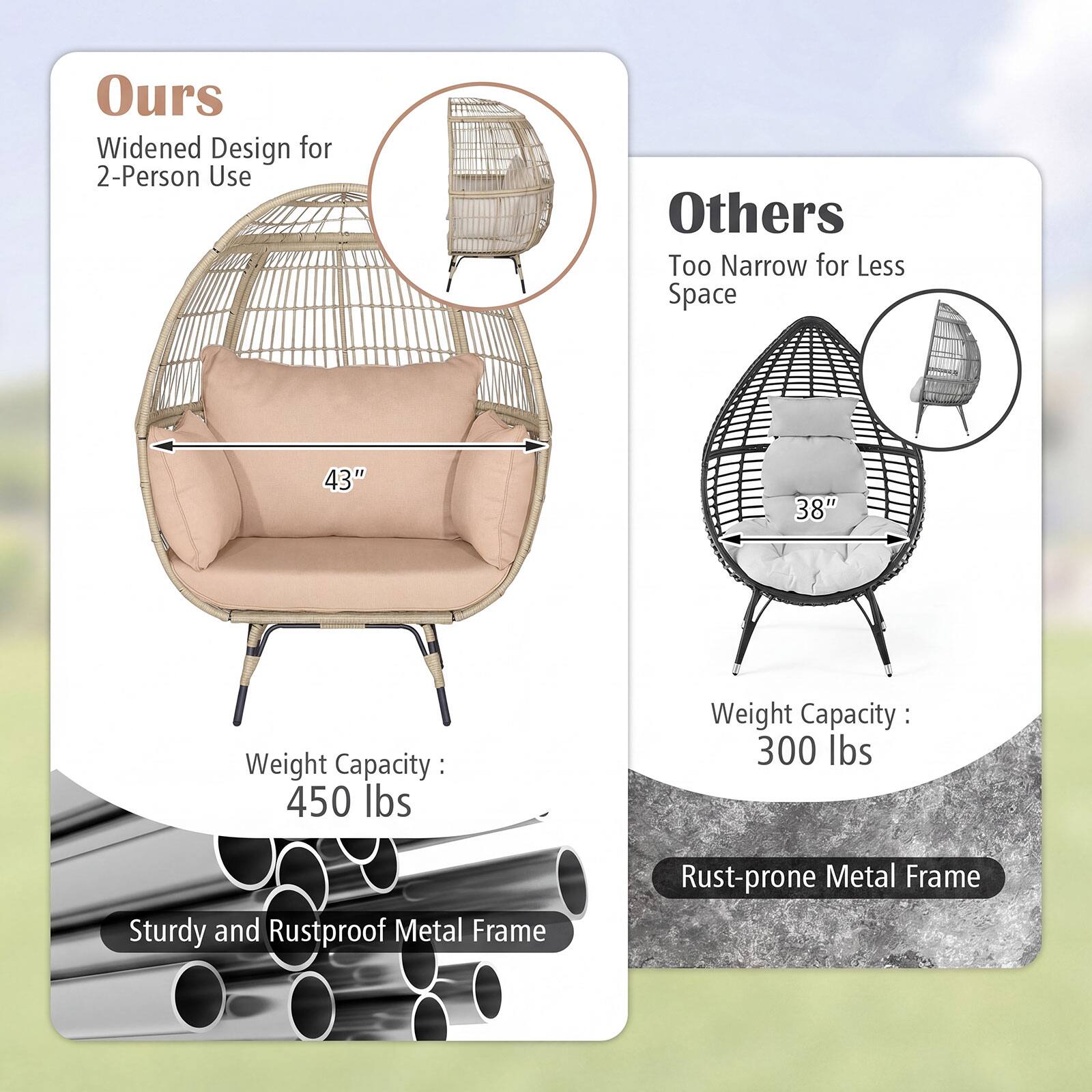 Ours Widened Design for 2-Person Use Others Too Narrow for Less Space 43" 38" Weight Capacity: 450 lbs Weight Capacity: 300 lbs Sturdy and Rustproof Metal Frame Rust-prone Metal Frame