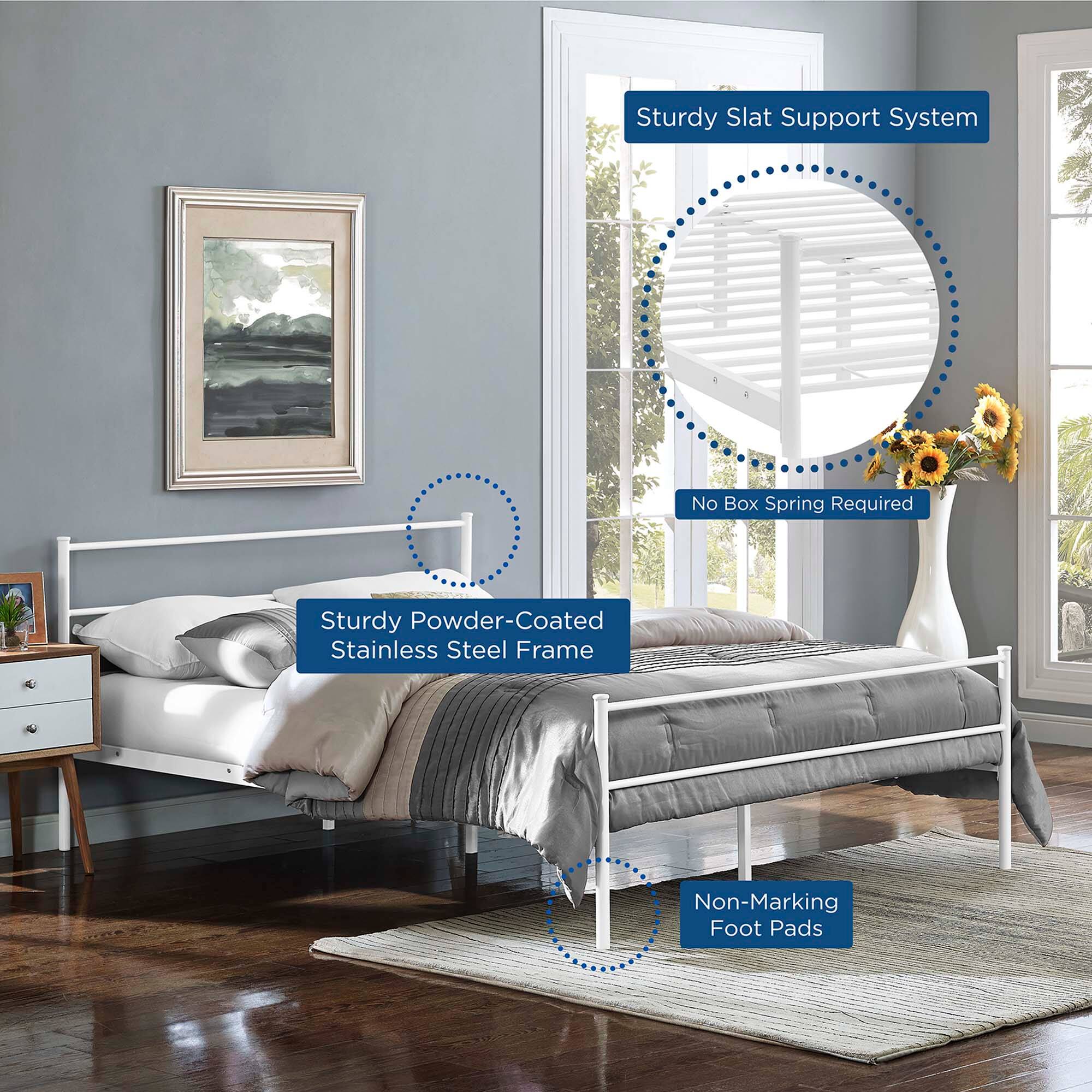 - Sturdy Slat Support System
- No Box Spring Required
- Sturdy Powder-Coated Stainless Steel Frame
- Non-Marking Foot Pads