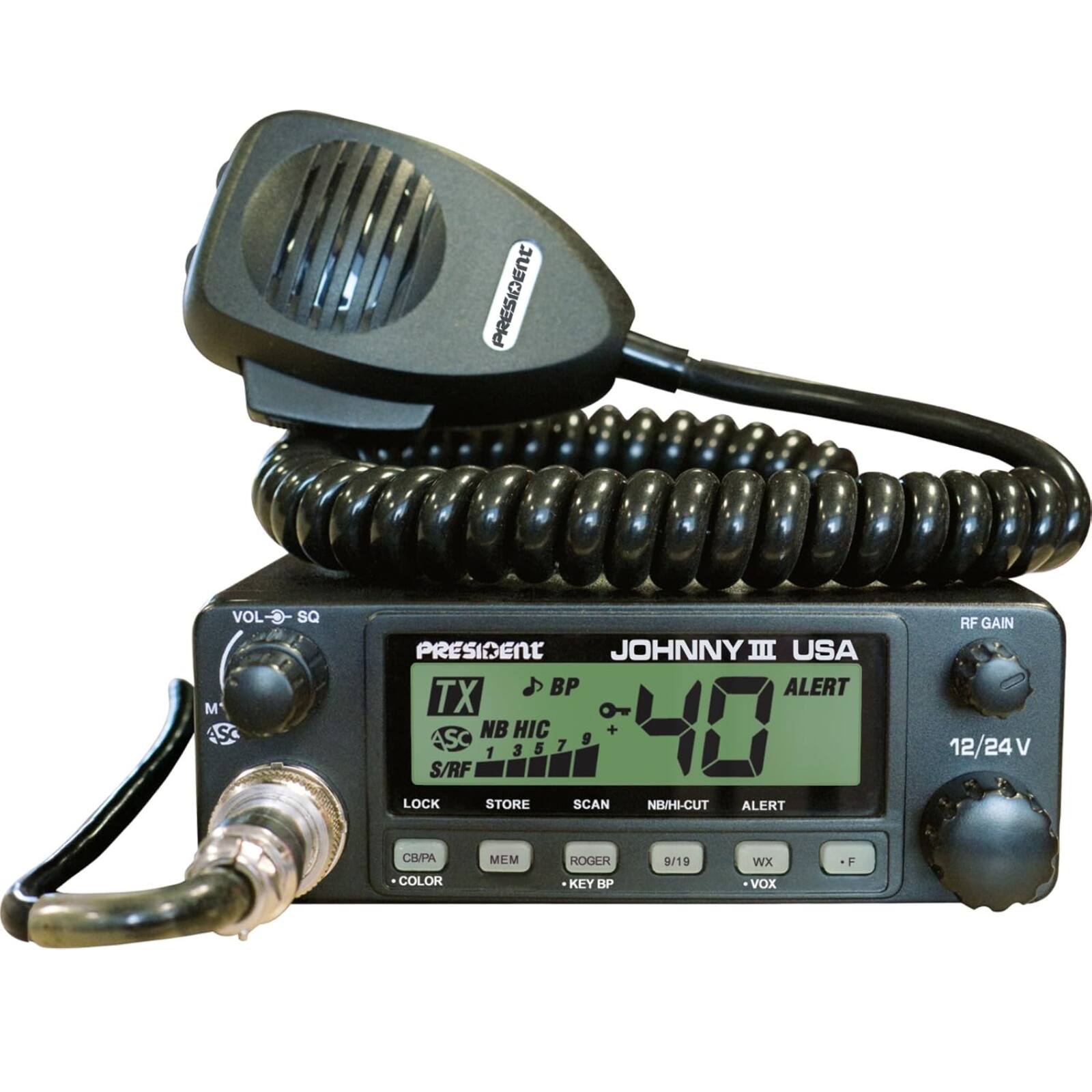 PRESIDENT JOHNNY III USA TX BP ALERT S/RF ASC NB 13578+ 1 3 HIC 5 7 9 + 4 LOCK STORE SCAN NEWHI-CUT ALERT RF GAIN 12/24 V CH/P COLOR MEM ROGER KEY D 9/19 WX VoX