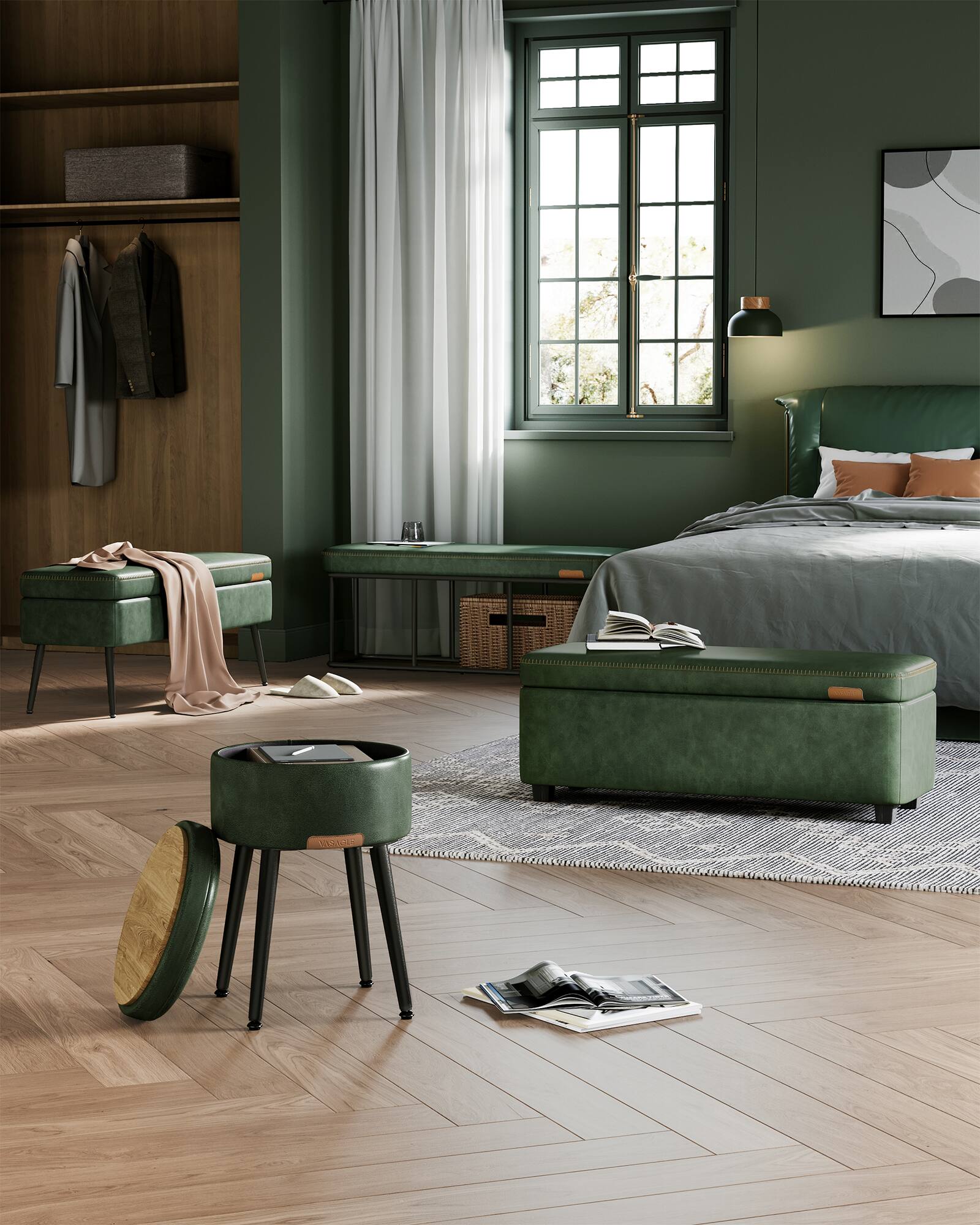 Alt View 2. Songmics Home - Storage Ottoman Bench, Entryway Bedroom Bench, 25 Gallons, Synthetic Leather with Stitching, Mid-Century Modern - Forest Green.