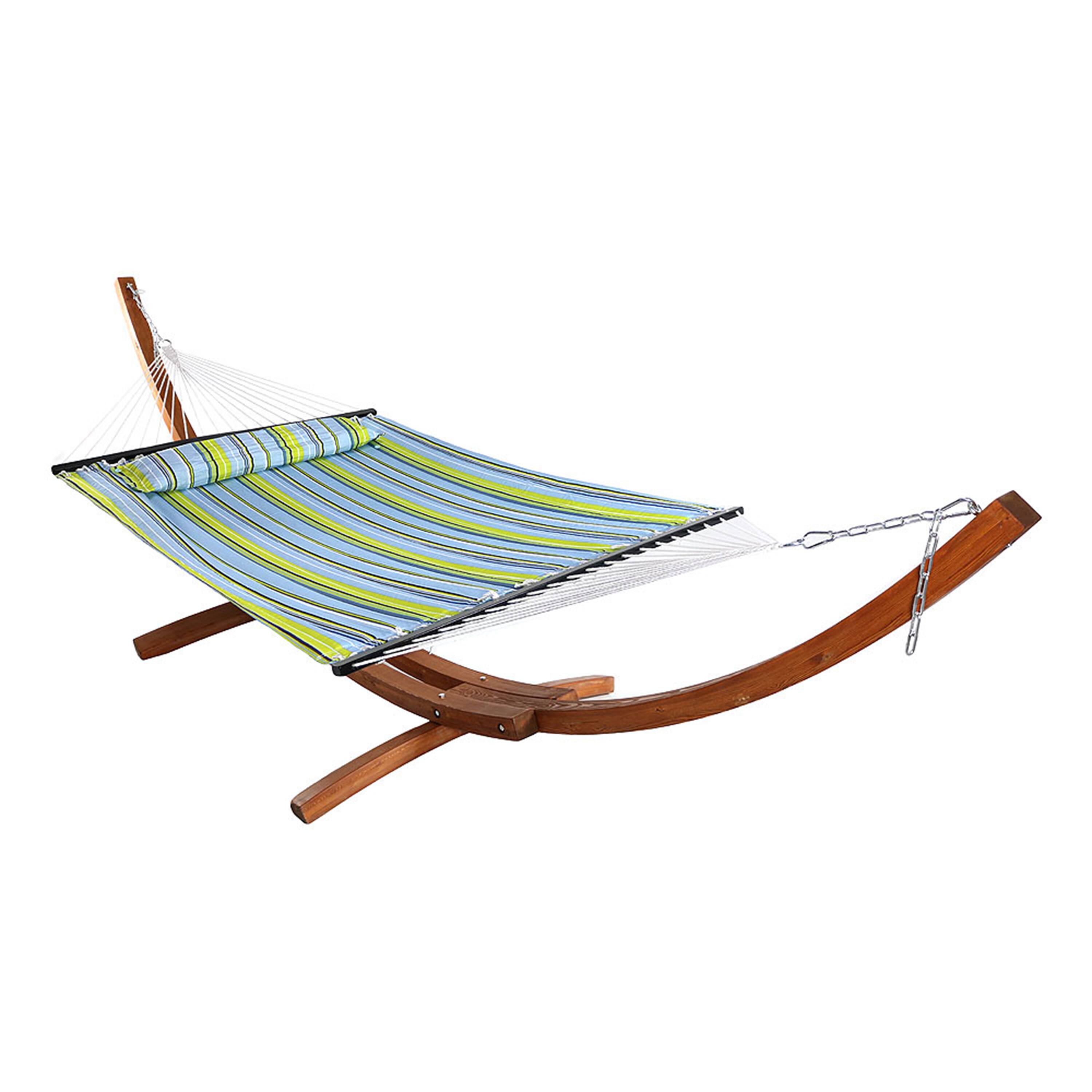 Front. Sunnydaze - 2-Person Quilted Hammock with Curved Wooden Stand - Blue and Green Stripe.