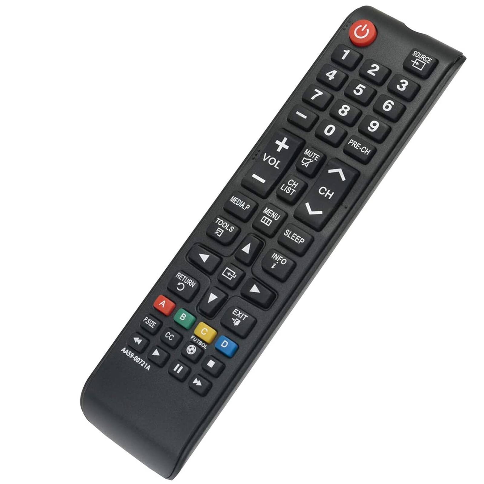 1 SOURCE 2 3 4 5 6 7 8 9 0 + VOL - VOL MUTE PRE-CH CH LIST CH MEDIA.P MENU TOOLS SLEEP INFO RETURN EXIT P.SIZE CC C : FUTBOL D A B C D AA59-00721A