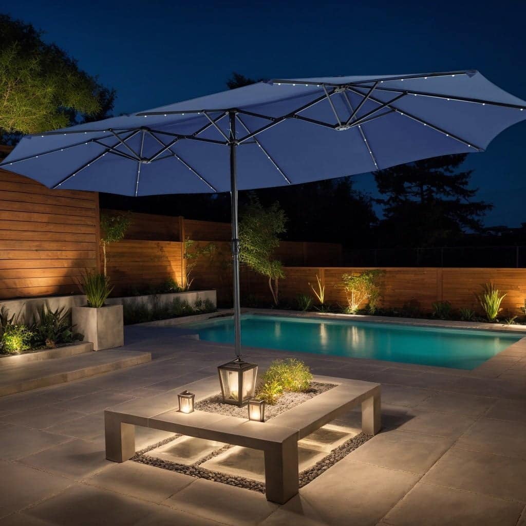 Kadyn - 15 Feet Double Sided Patio Umbrella with 48 LED Lights Navy Outdoor Table Umbrella Yard Umbrella Outdoor Patio Umbrellas - Blue