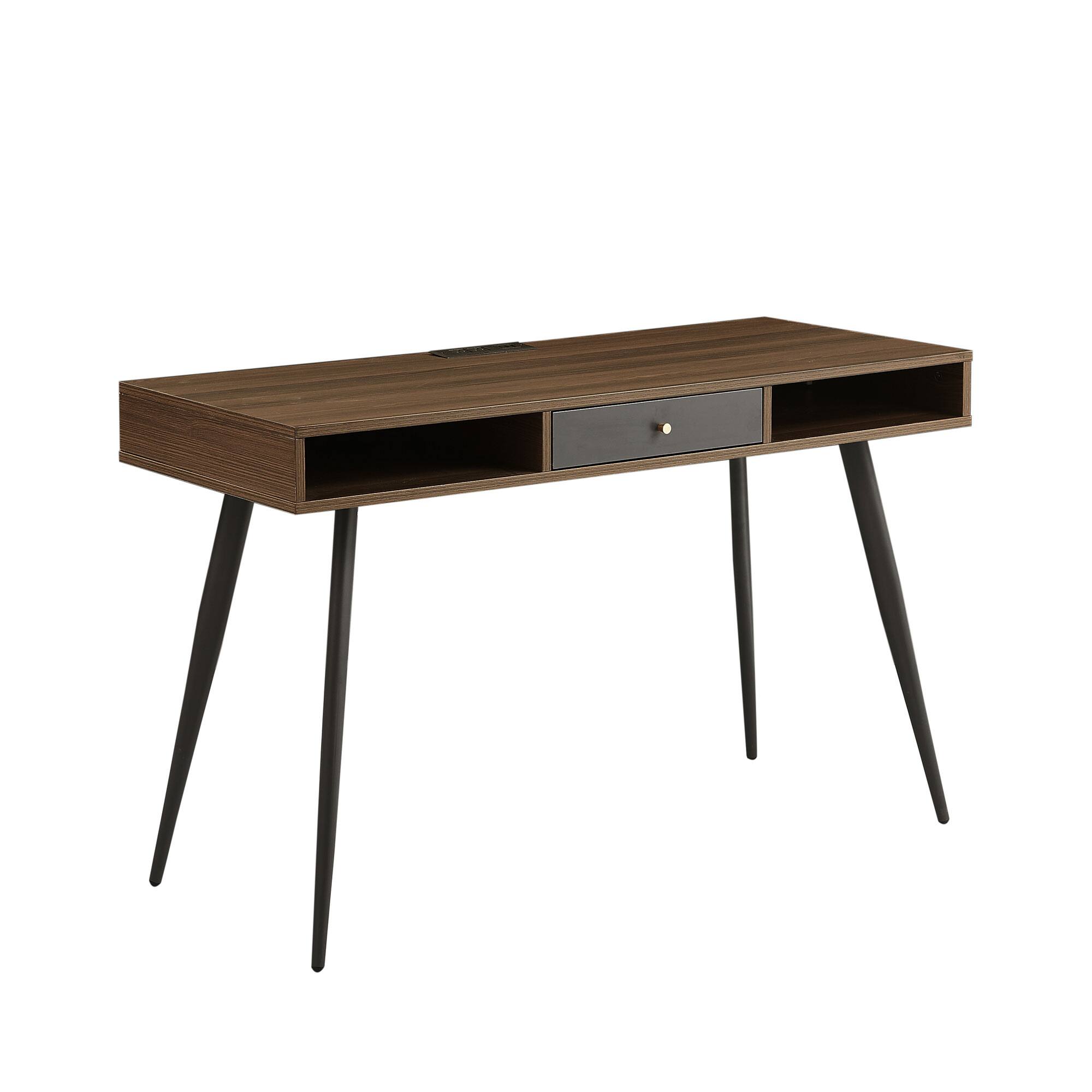 Alt View 5. GOODSILO - Mid-Century Modern Desk with USB & Power, Writing Study Table with Drawers - Walnut.