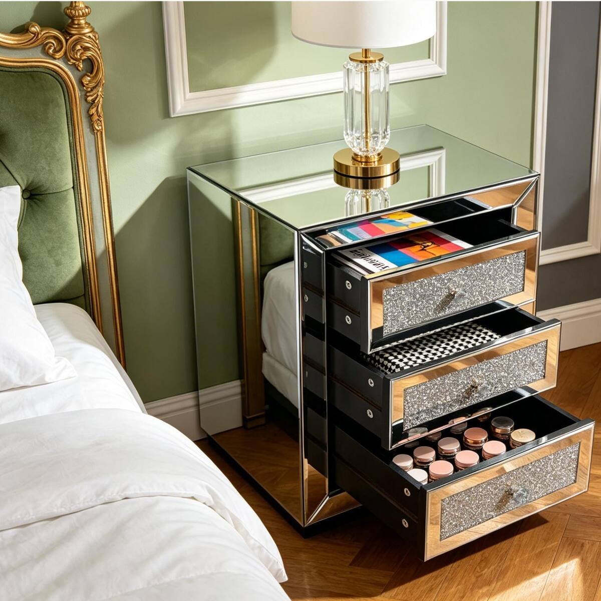 Alt View 1. Loheer - Loheer 3 Drawer Mirrored Nightstand, Silver Bedroom Side Table with Crystal Handles - Silver.